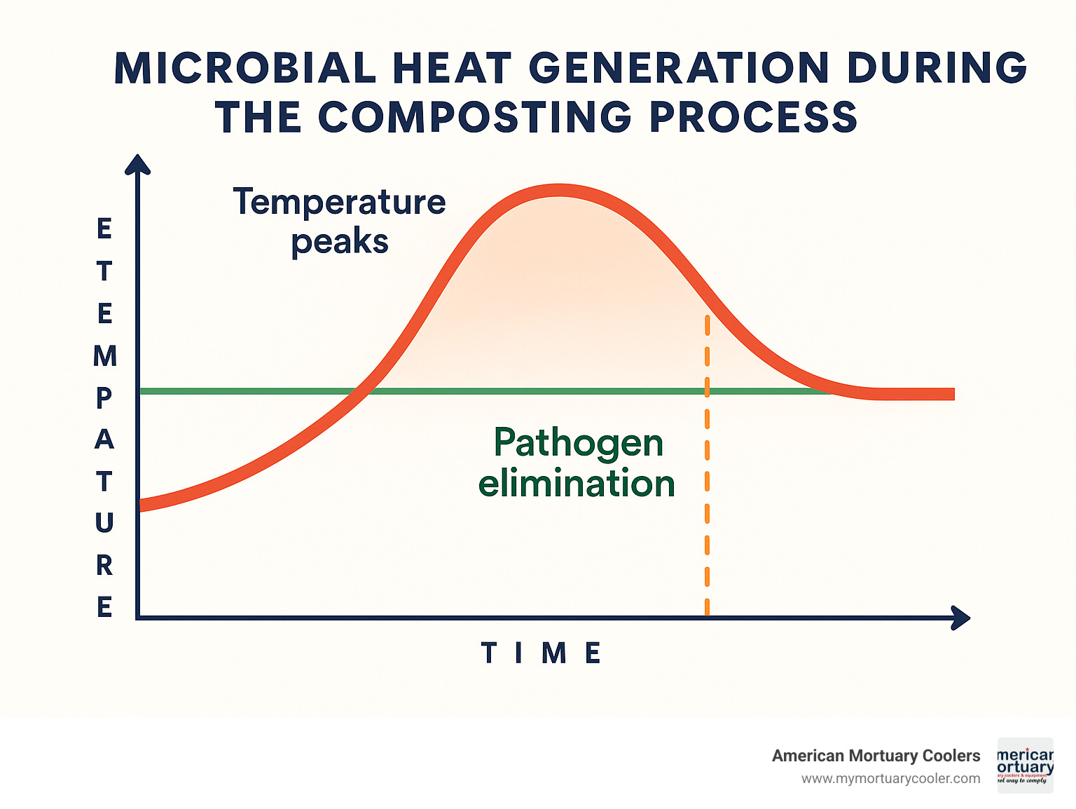 Scientific chart showing microbial heat generation curve during the composting process, with temperature peaks and pathogen elimination phases - body composting process infographic 