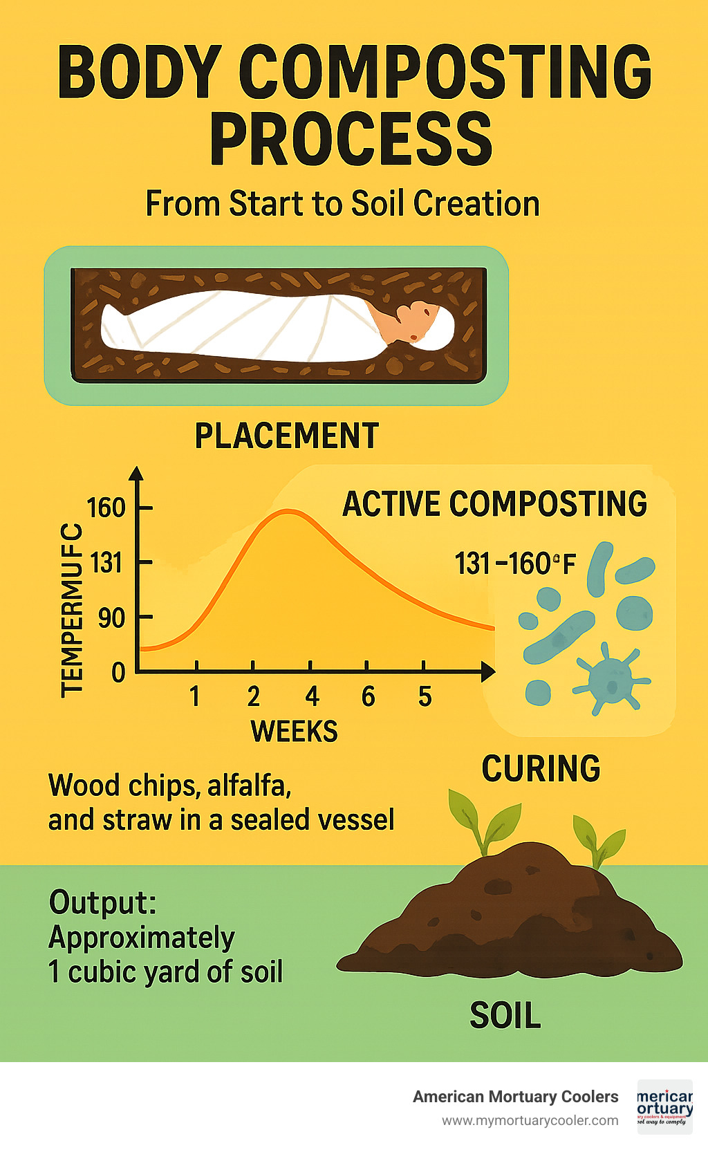 Detailed infographic showing the complete body composting process from initial placement through soil creation, including temperature curves, microbial activity phases, and final soil output - body composting process infographic 