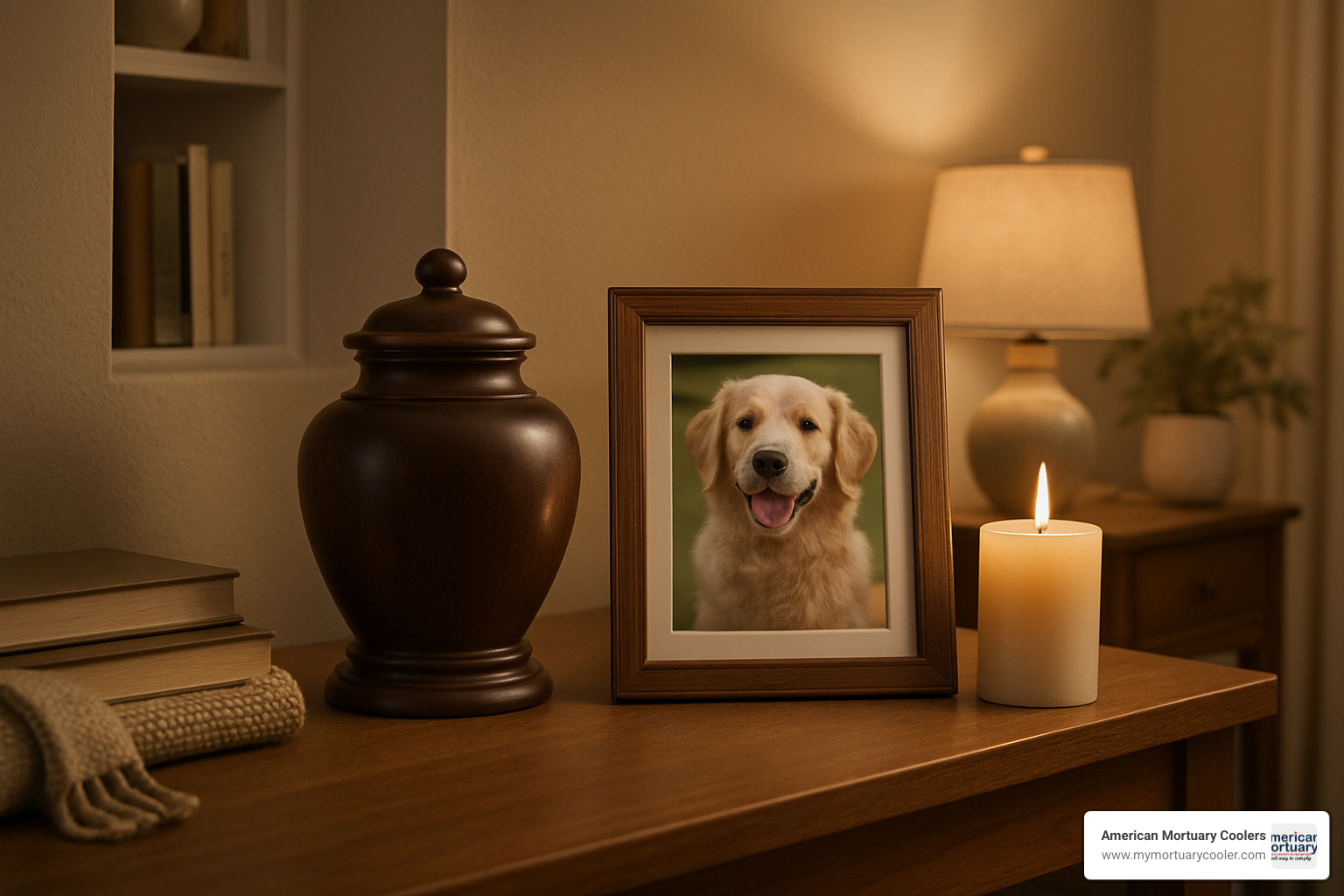 living room memorial shelf with pet urn, framed photo, and candle - cremation urns for pets