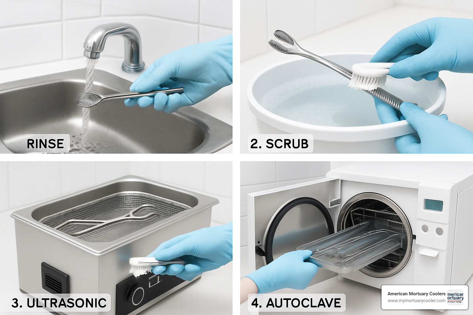 Step-by-step visual guide showing proper cleaning and sterilization protocol for Russian tissue forceps - russian tissue forcep