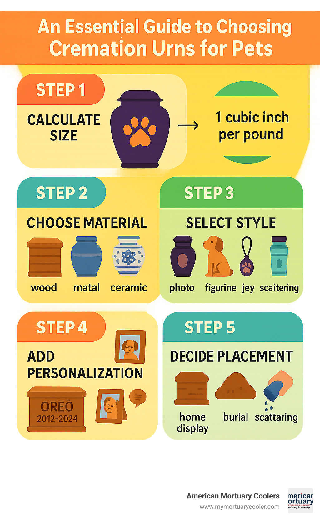 Infographic showing pet cremation urn selection process: Step 1 - Calculate size using 1 cubic inch per pound rule, Step 2 - Choose material (wood for warmth, metal for durability, ceramic for artistry, biodegradable for eco-friendliness), Step 3 - Select style (traditional, photo frame, figurine, jewelry, scattering tube), Step 4 - Add personalization (engraving, photos, custom messages), Step 5 - Decide placement (home display, burial, scattering) - cremation urns for pets infographic 