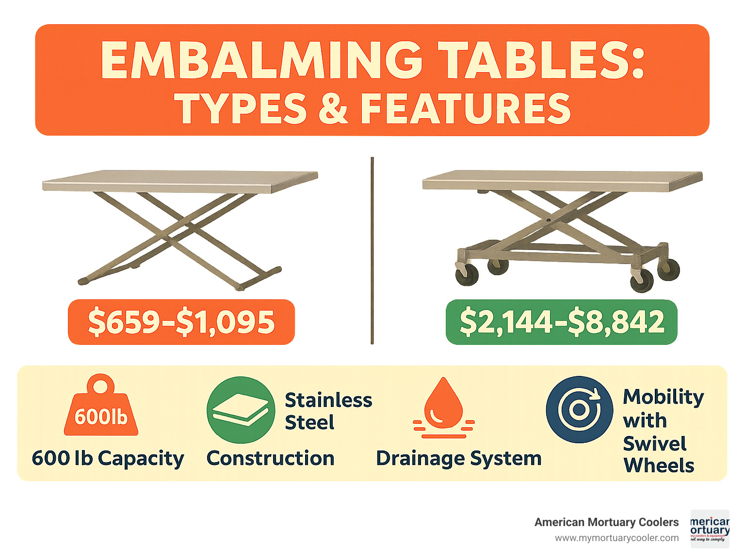 Comprehensive comparison chart showing embalming table types including folding tables ($659-$1,095), hydraulic models ($2,144-$8,842), and key specifications like 600lb capacity, stainless steel construction, drainage systems, and mobility features with swivel wheels - shein embalming table infographic 