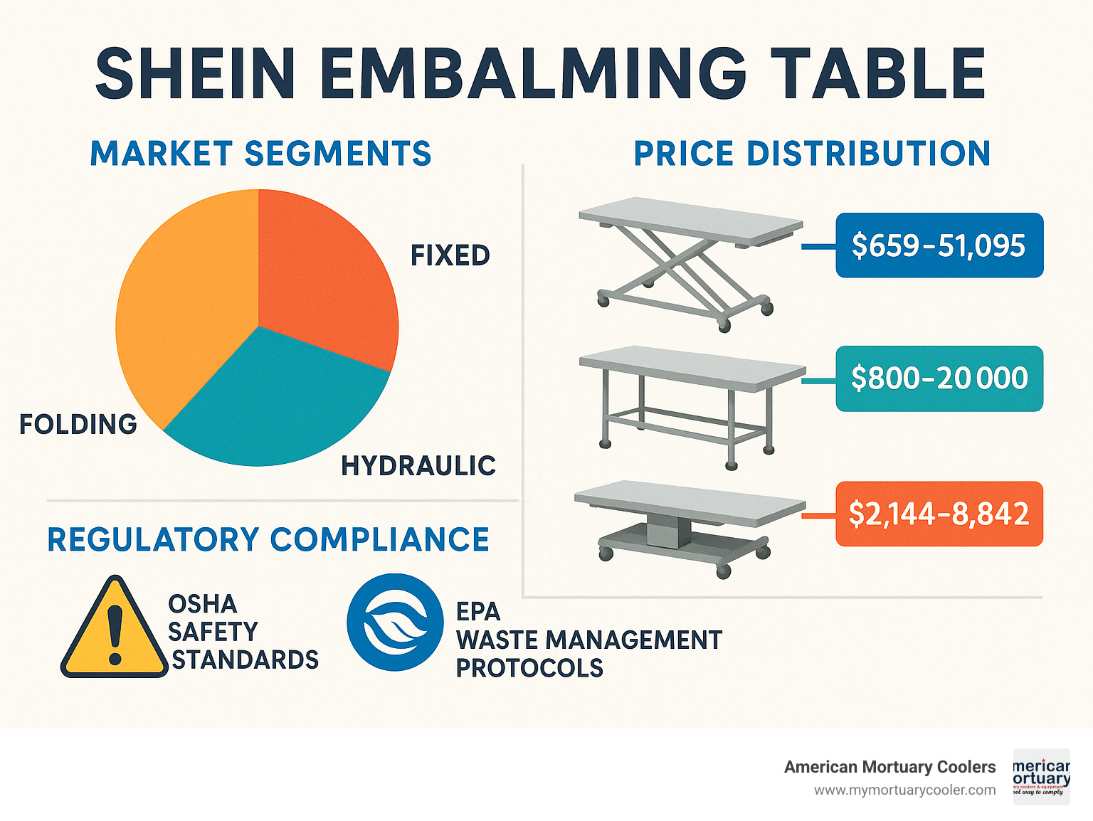 Statistical breakdown showing embalming table market segments, price distribution across folding ($659-$1,095), fixed ($800-$2,000), and hydraulic models ($2,144-$8,842), plus regulatory compliance requirements including OSHA safety standards and EPA waste management protocols - shein embalming table infographic 