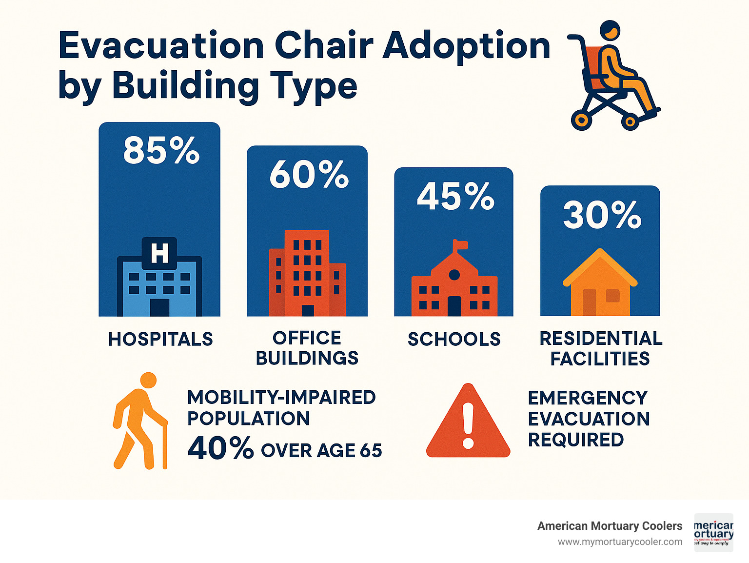 Comprehensive infographic showing evacuation chair adoption rates across different building types, including hospitals at 85%, office buildings at 60%, schools at 45%, and residential facilities at 30%, with statistics on mobility-impaired populations and emergency evacuation requirements - evac chairs infographic 