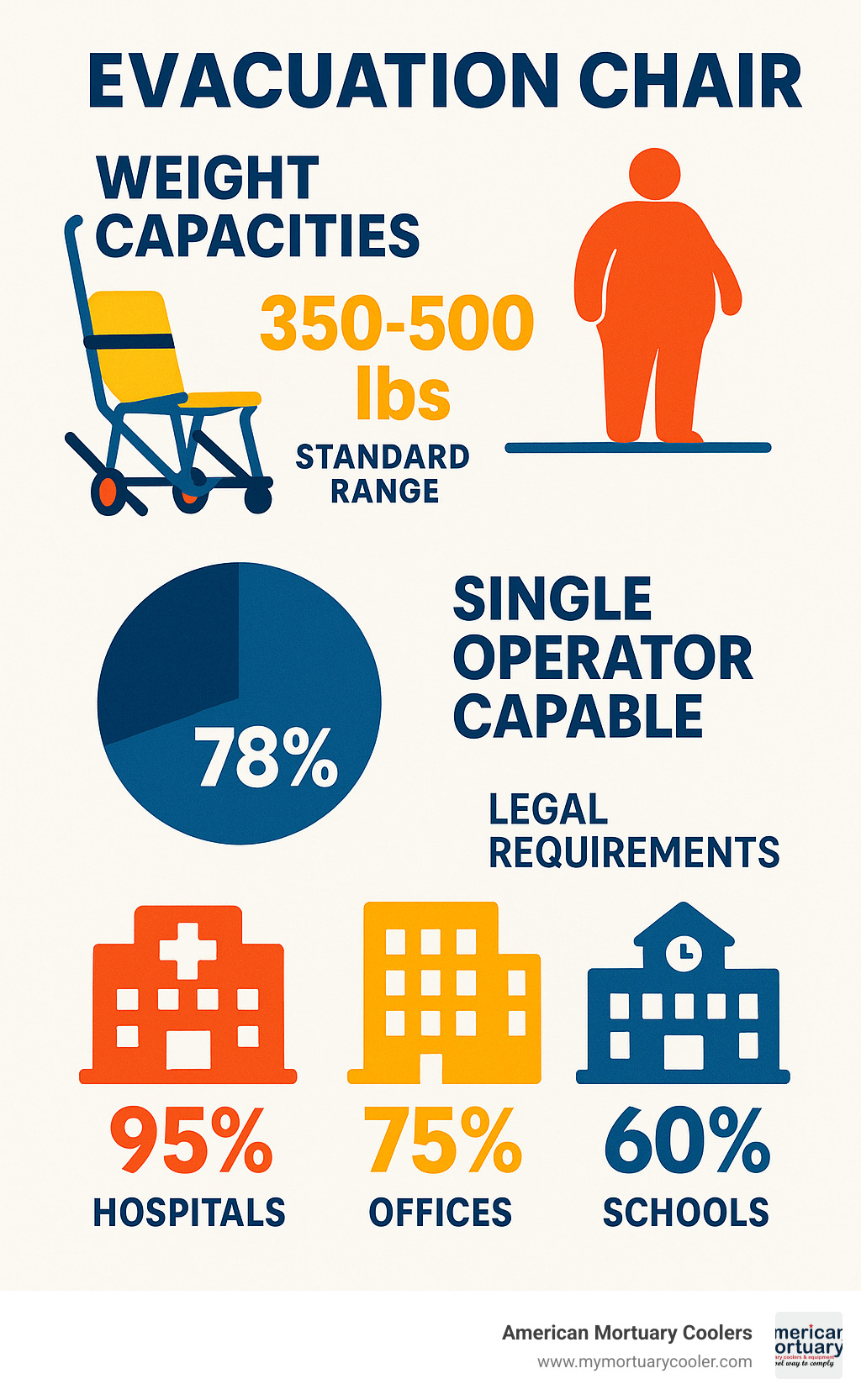 Detailed infographic showing evacuation chair weight capacities across different models (350-500 lbs standard range), single vs dual operator statistics (78% single operator capable), and legal requirement percentages by building type (hospitals 95% required, offices 75% required, schools 60% required) - evac chairs infographic 