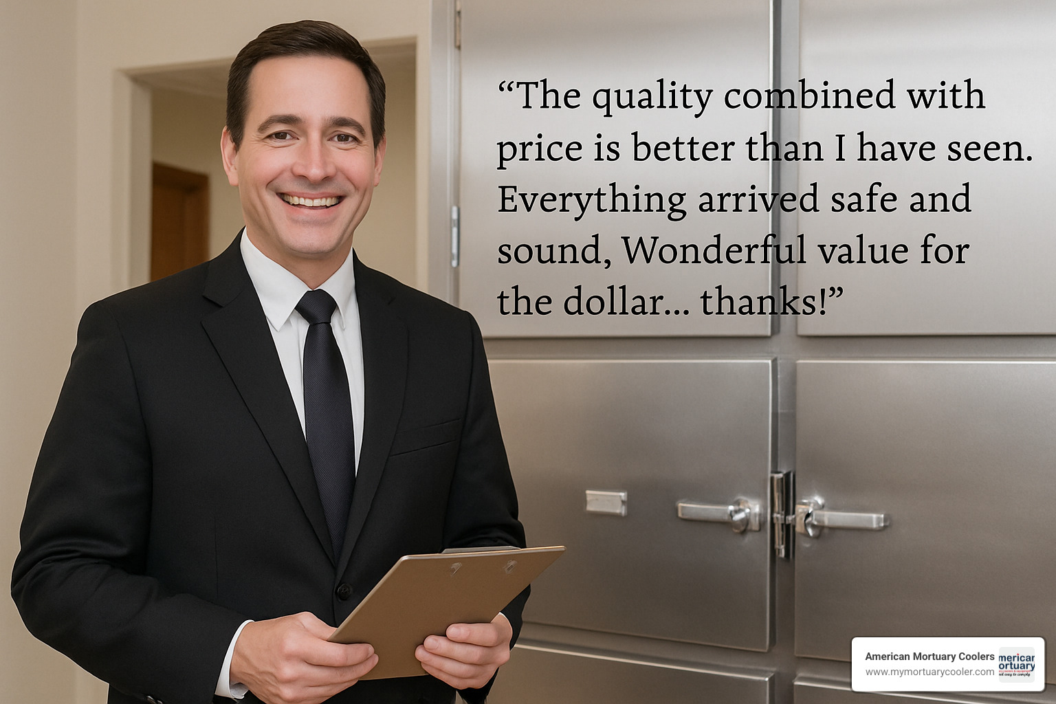 Customer testimonial quote: "The quality combined with price is better than I have seen. Everything arrived safe and sound. Wonderful value for the dollar... thanks!" - www.affordablemortuarycoolers.com Affordable Mortuary Coolers