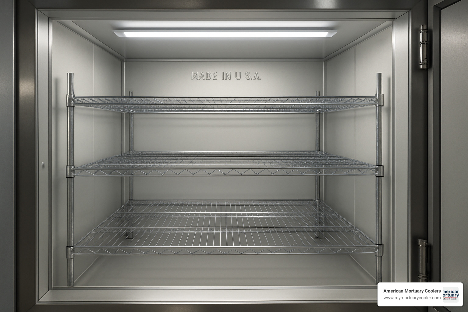Interior view of mortuary cooler showing adjustable shelving and LED lighting - www.affordablemortuarycoolers.com Affordable Mortuary Coolers
