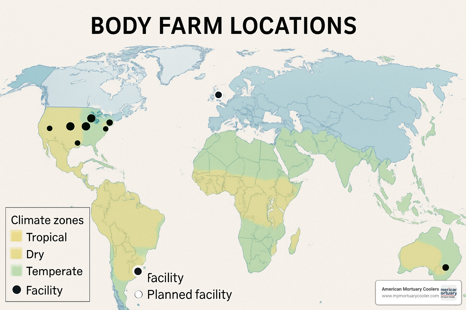 World map showing body farm locations across the United States, Australia, and Canada, with climate zones and planned facilities marked - what is a body farm