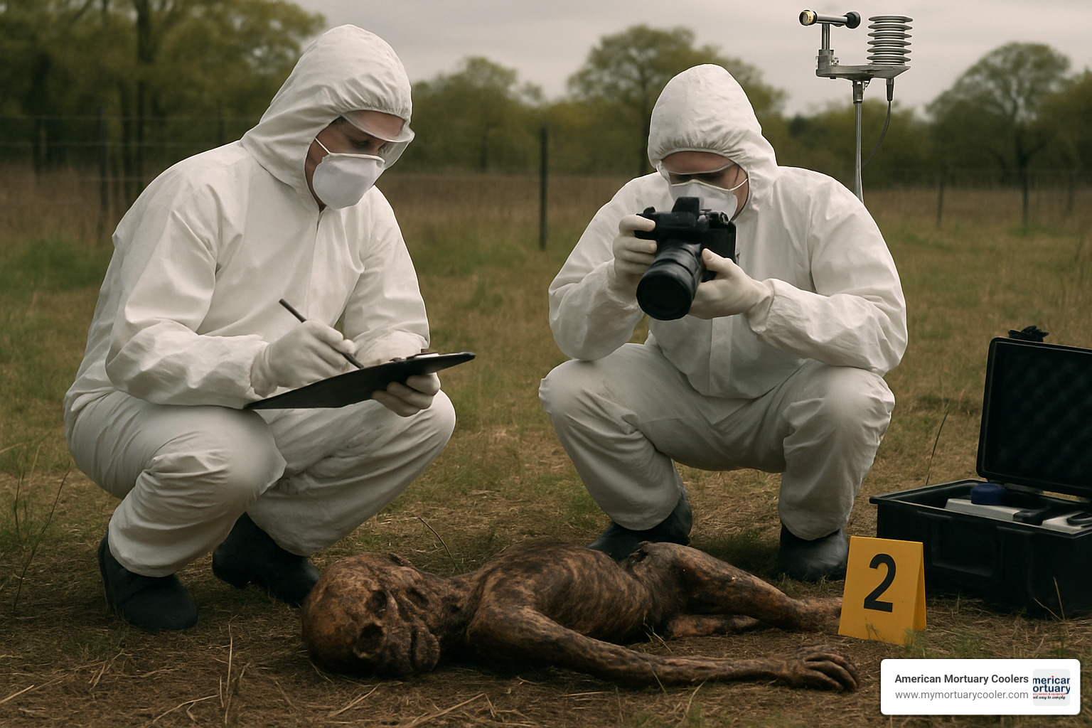 Researchers in hazmat suits documenting decomposition stages at a body farm, with weather monitoring equipment and evidence collection tools visible - what is a body farm