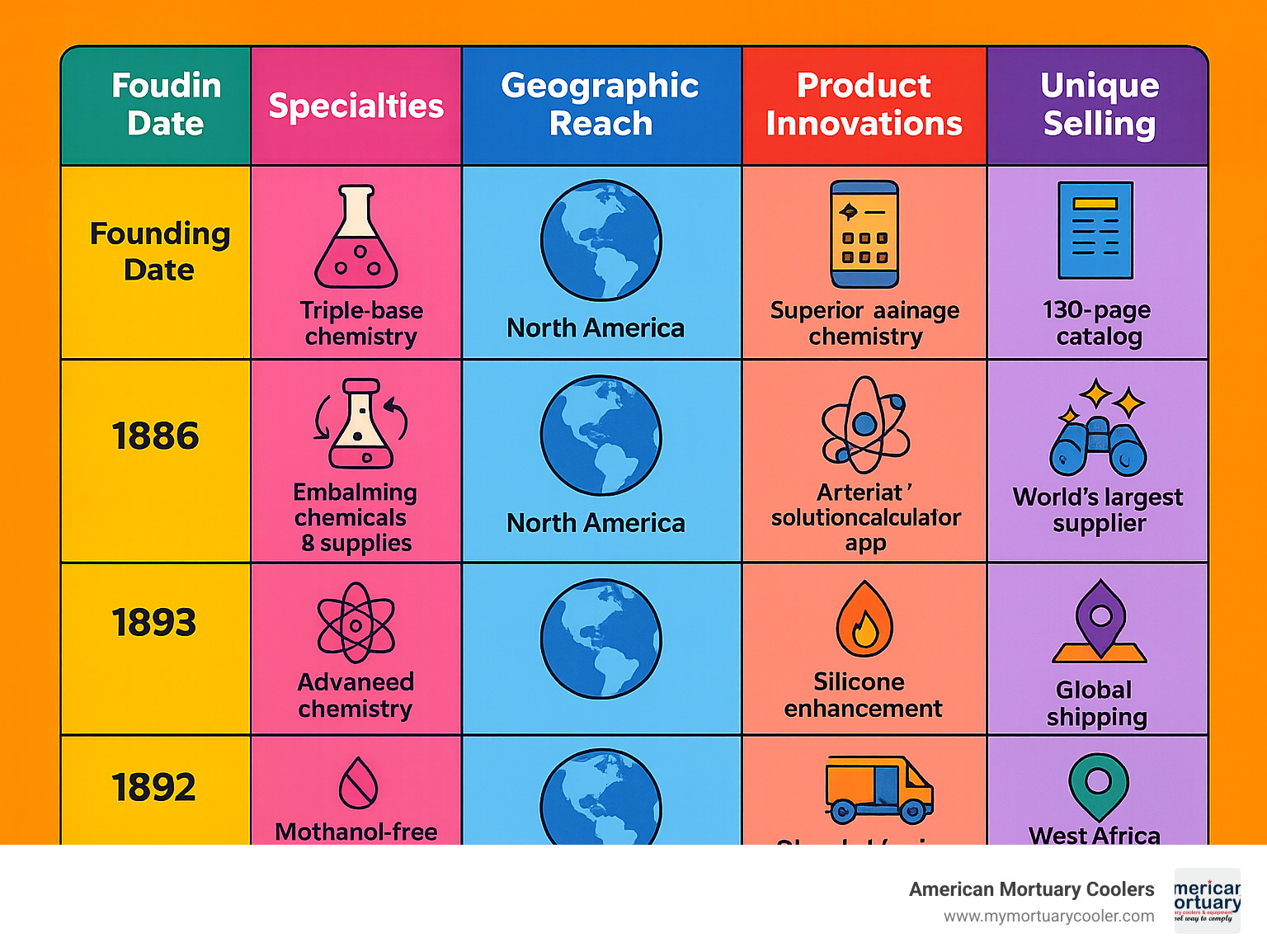 Detailed comparison chart showing each major embalmer supply company's founding date, specialties, geographic reach, product innovations, and unique selling points - embalmer supply company infographic 