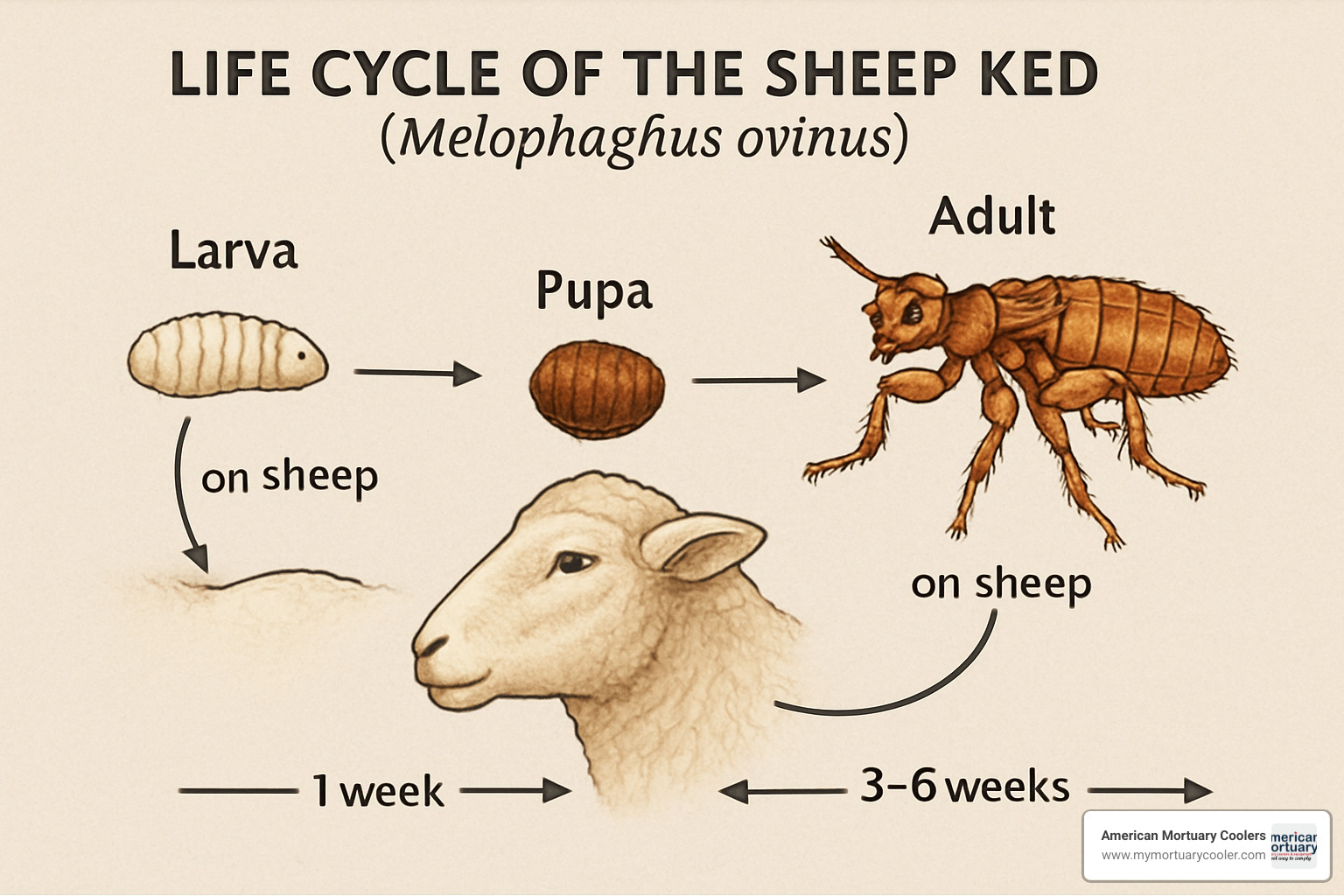 Detailed diagram showing sheep ked life cycle from larva to pupa to adult, with timeline and host interaction points - define ked
