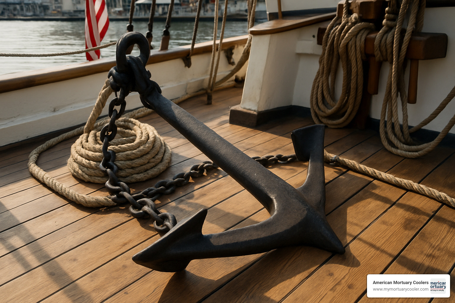 Maritime kedge anchor with chain and rope rigging on wooden sailing vessel deck - define ked
