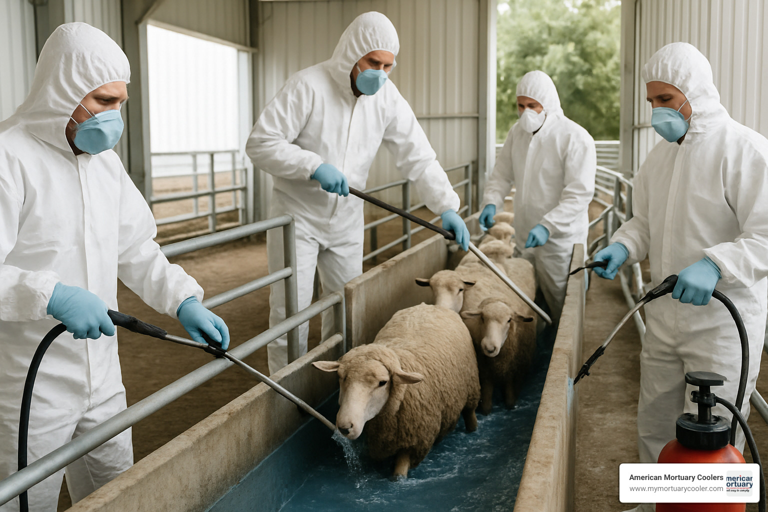 Sheep flock being treated in dipping facility with workers applying parasiticide solution - define ked
