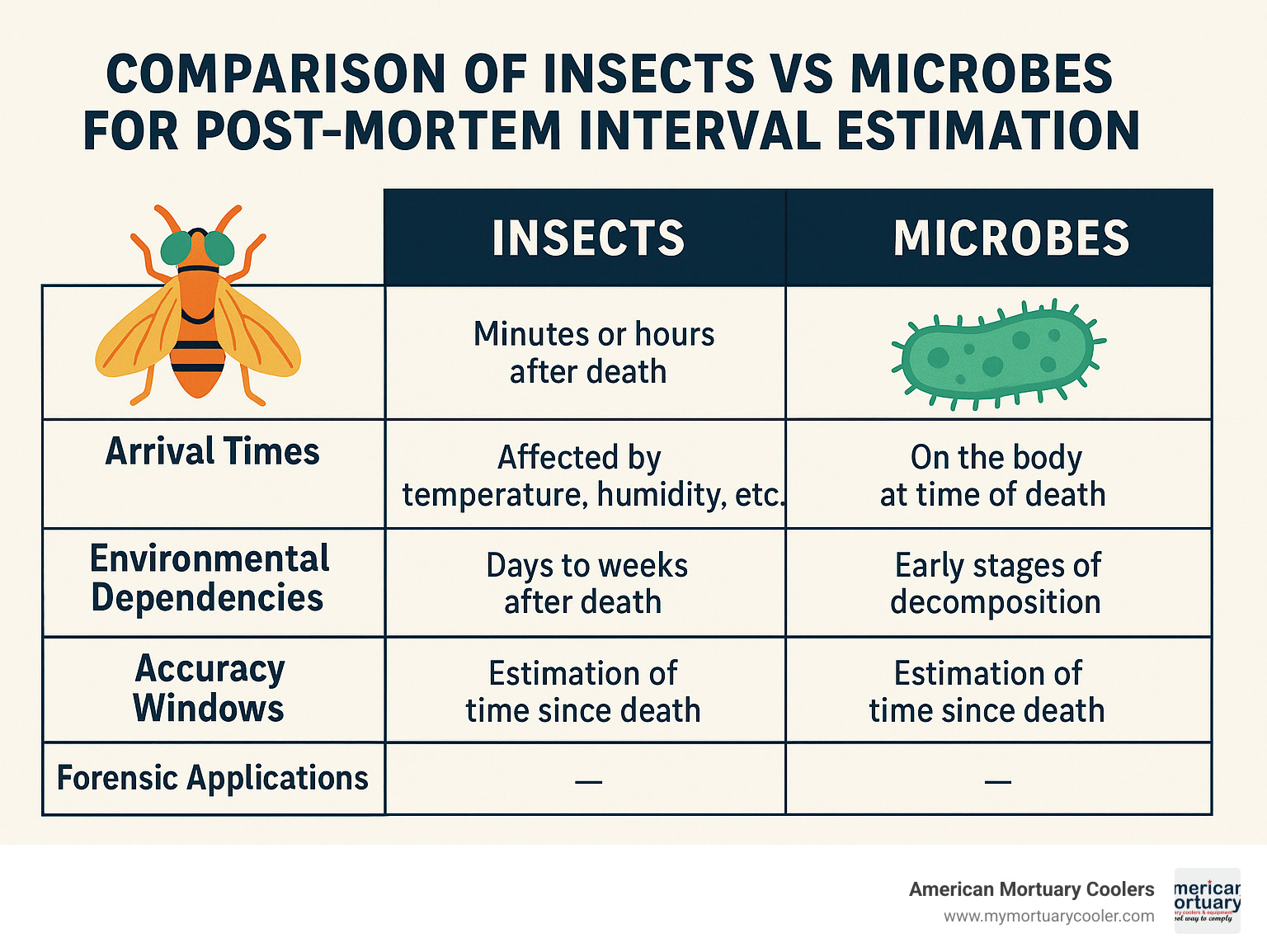 Comparison table showing insects vs microbes for post-mortem interval estimation, including arrival times, environmental dependencies, accuracy windows, and forensic applications - what is a body farm infographic 