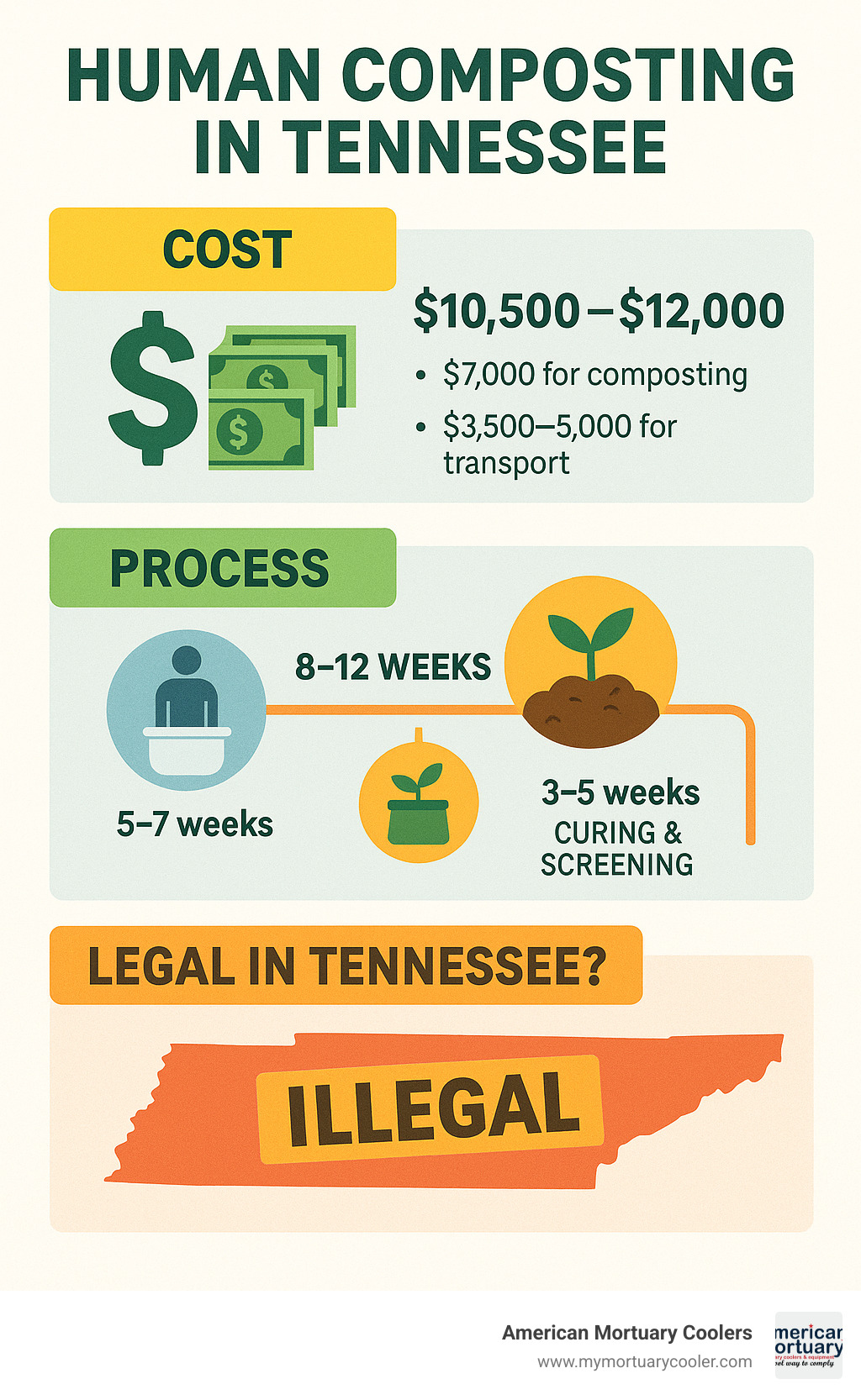 Detailed infographic showing cost breakdown, timeline, and legal requirements for Tennessee residents choosing human composting - human composting Tennessee infographic 