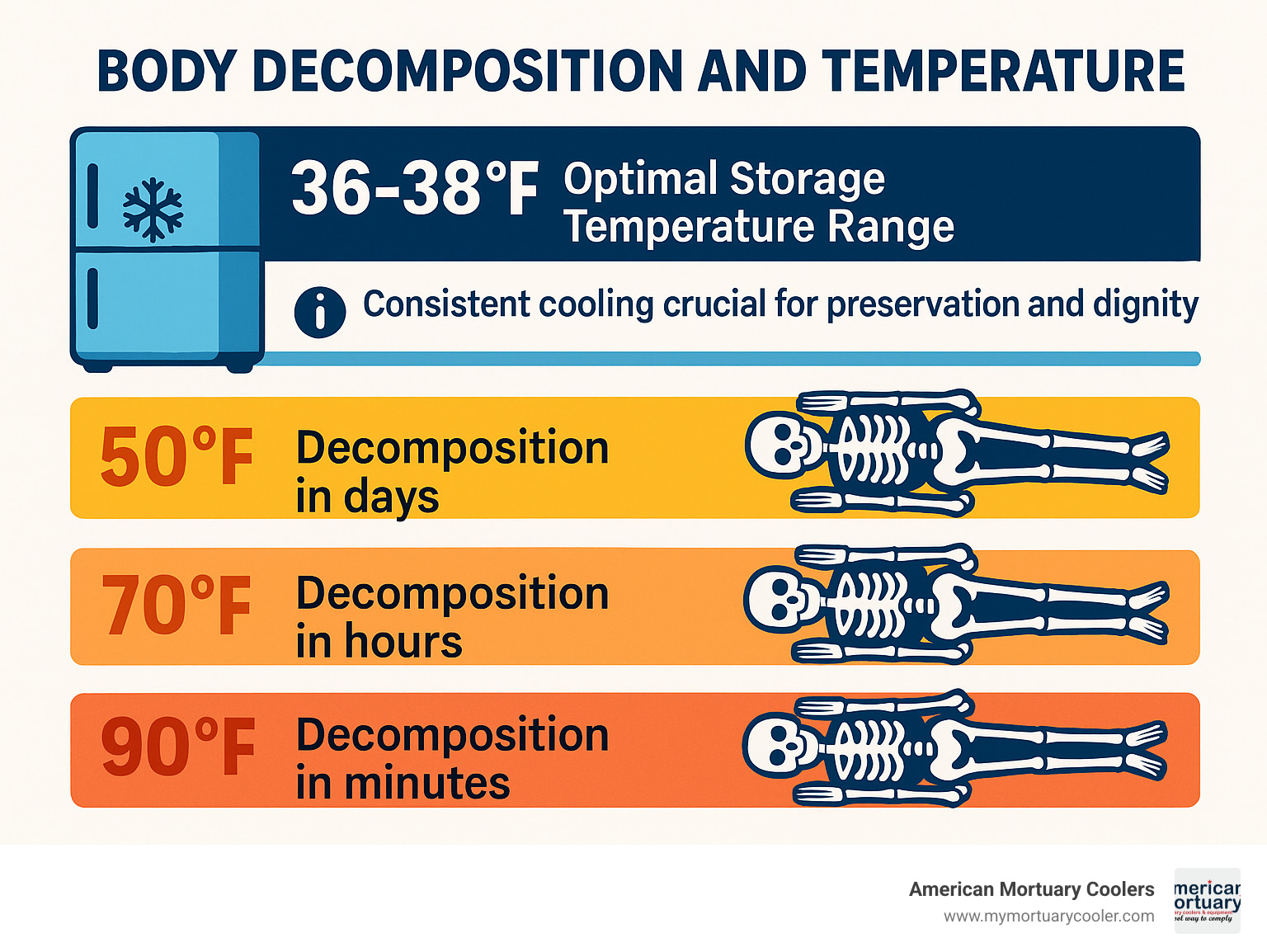 Infographic showing body decomposition timeline at different temperatures, highlighting the critical 36-38°F storage range, decomposition rates at various temperatures, and the importance of consistent cooling for preservation and dignity - Body Chiller www.morguecoolers.com infographic 