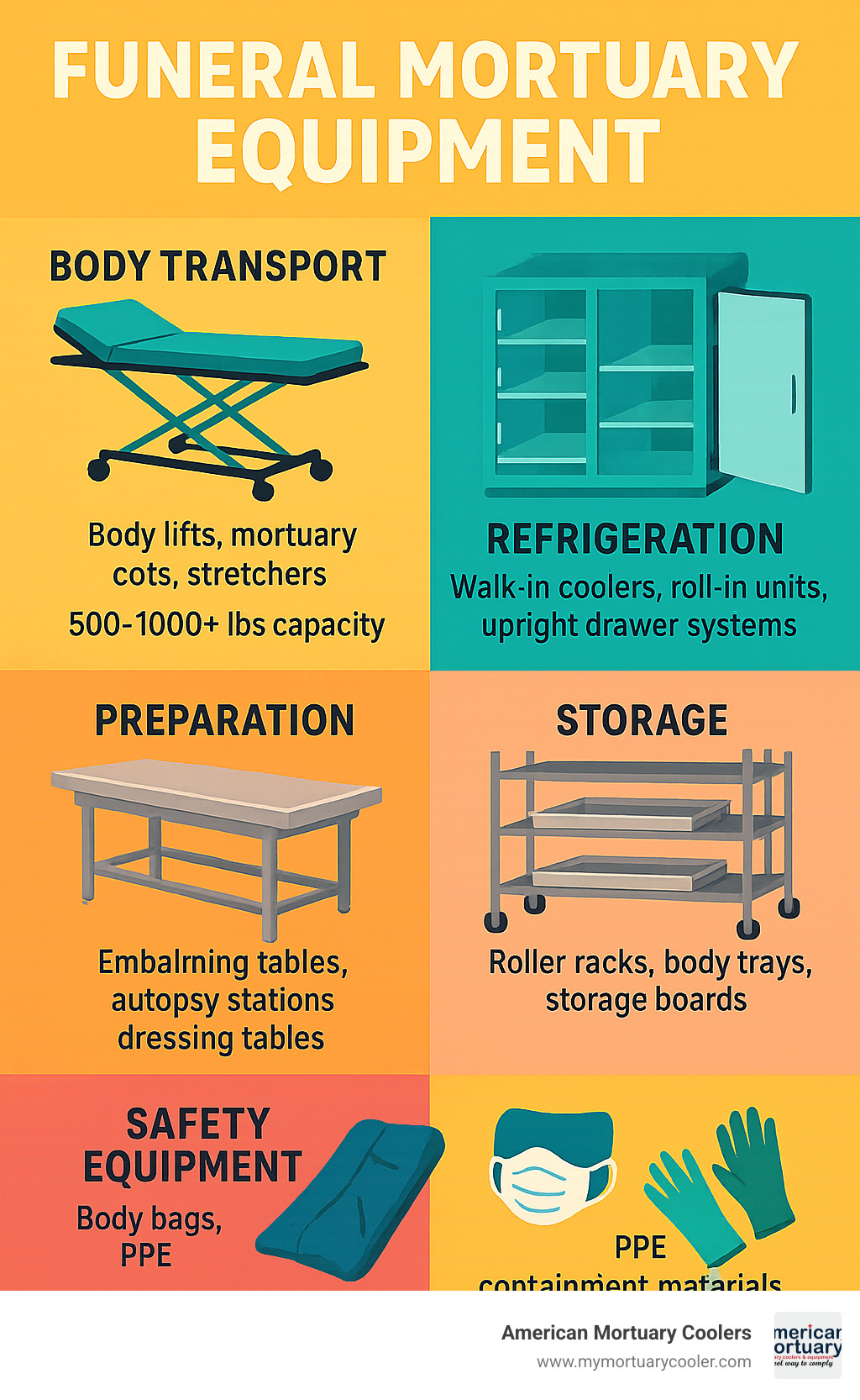Comprehensive breakdown of funeral mortuary equipment categories including body transport, refrigeration, preparation, storage, and safety equipment with capacity specifications and workflow stages - funeral mortuary equipment infographic 