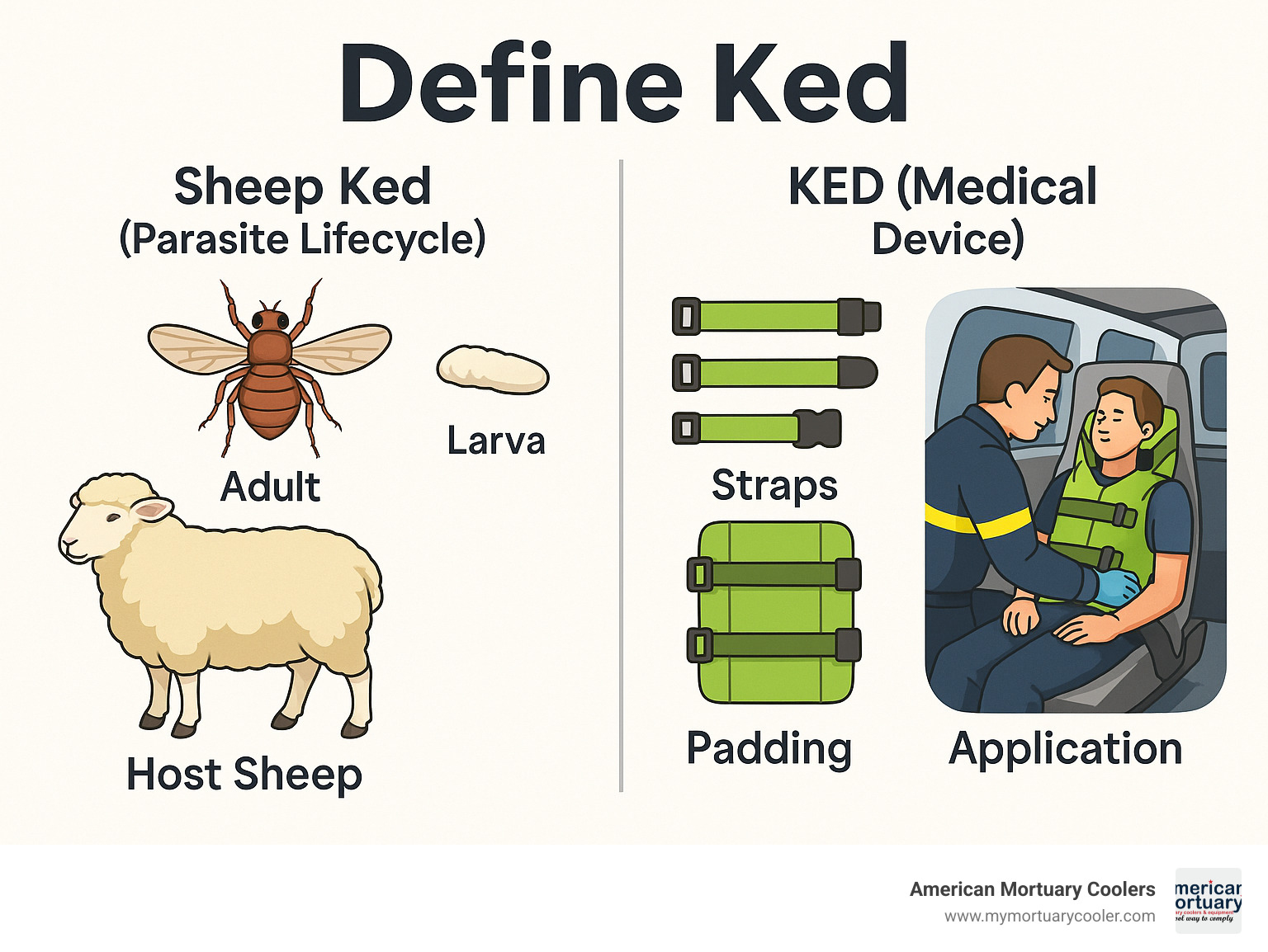 Comprehensive comparison infographic showing sheep ked parasite lifecycle on left side with adult fly, larva, and host sheep, versus KED medical device components on right side with straps, padding, and application steps in emergency vehicle extraction scenario - define ked infographic 