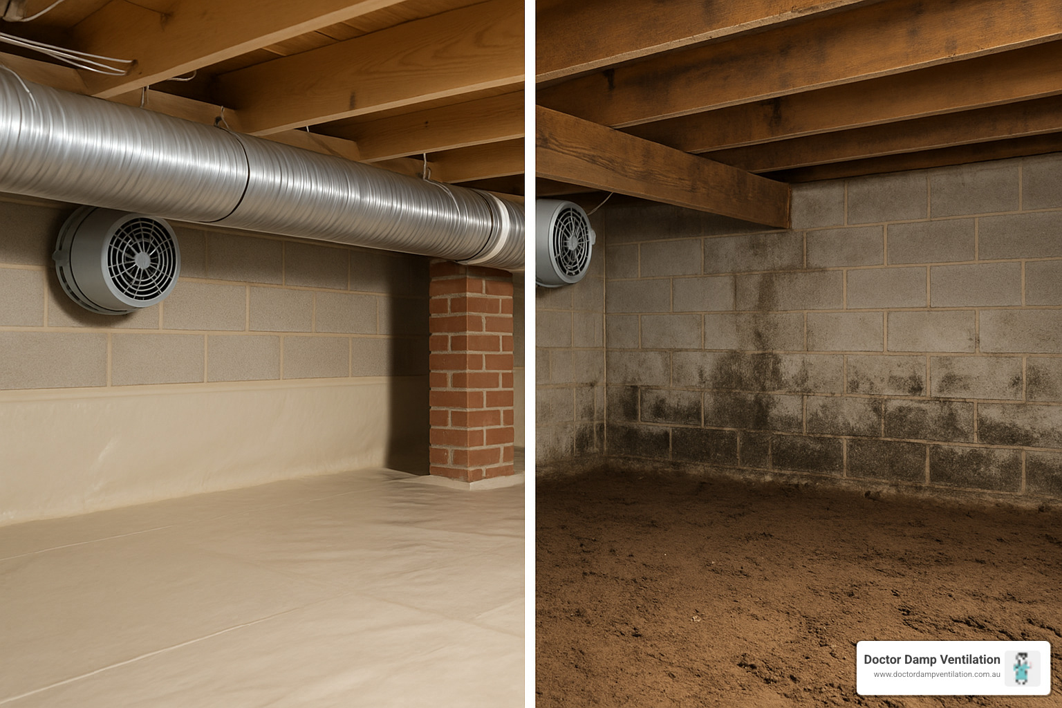 Clean, dry crawl space with proper ventilation system installed, showing the dramatic difference proper subfloor ventilation makes - subfloor ventilation systems Clean, dry crawl space with proper ventilation system installed, showing the dramatic difference proper subfloor ventilation makes - subfloor ventilation systems