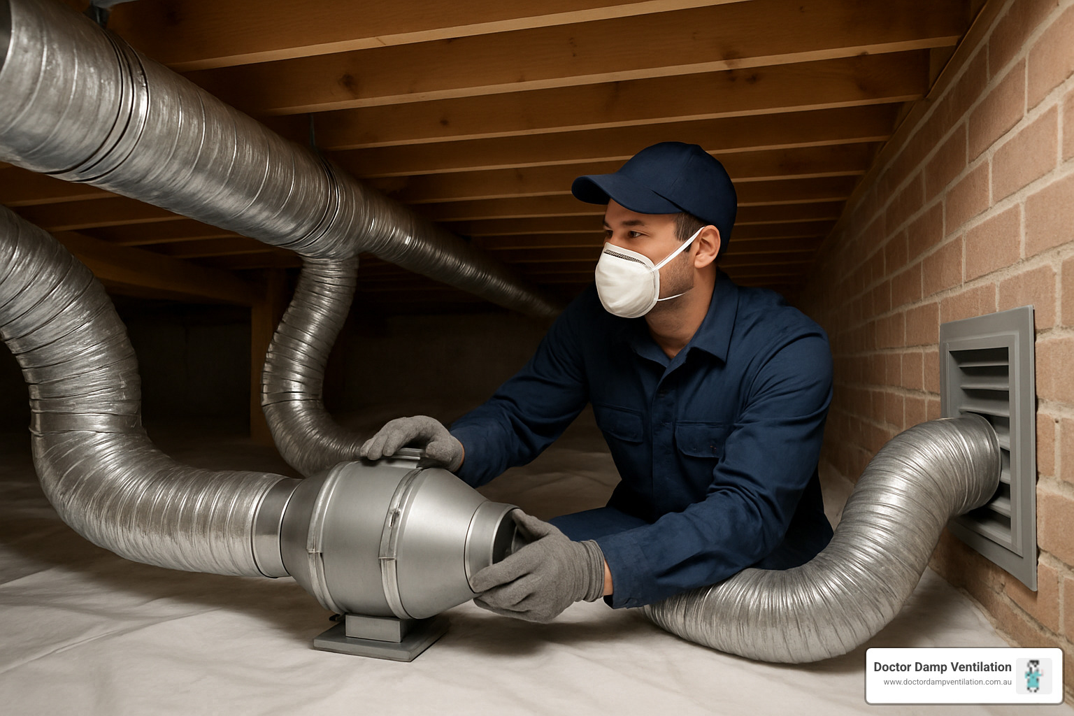 Professional installation of subfloor ventilation system showing ducting, fans, and vent placement - subfloor ventilation systems Professional installation of subfloor ventilation system showing ducting, fans, and vent placement - subfloor ventilation systems