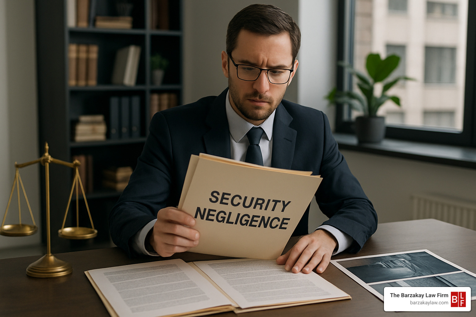 lawyer reviewing security negligence case files - security negligence attorney