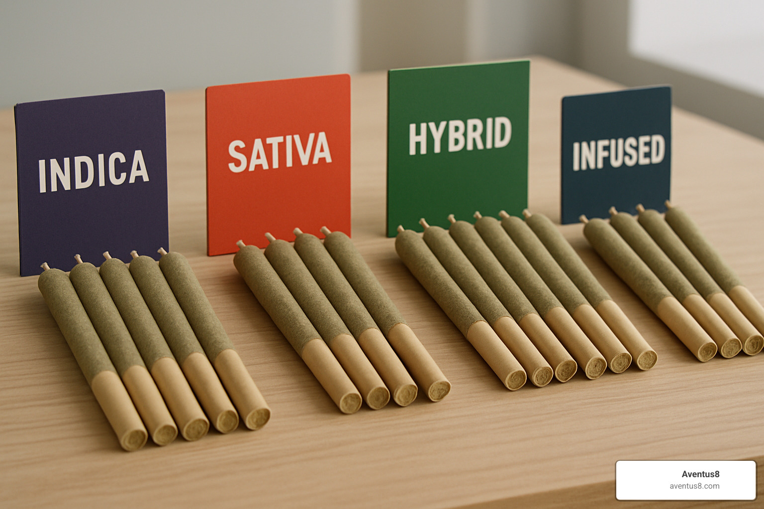 Different types of pre-rolled joints arranged by strain type - Pre-rolled joints near me