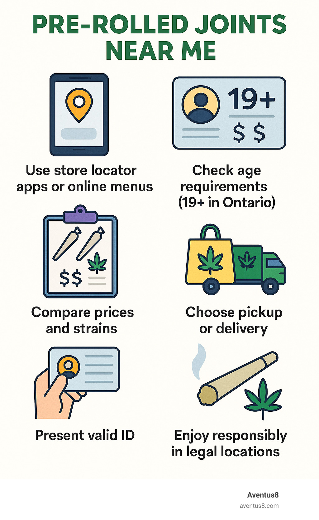 Infographic showing the complete journey from searching "pre-rolled joints near me" to purchase, including steps: 1) Use store locator apps or online menus 2) Check age requirements (21+ in most states) 3) Compare prices and strains 4) Choose pickup or delivery 5) Present valid ID 6) Enjoy responsibly in legal locations - Pre-rolled joints near me infographic 