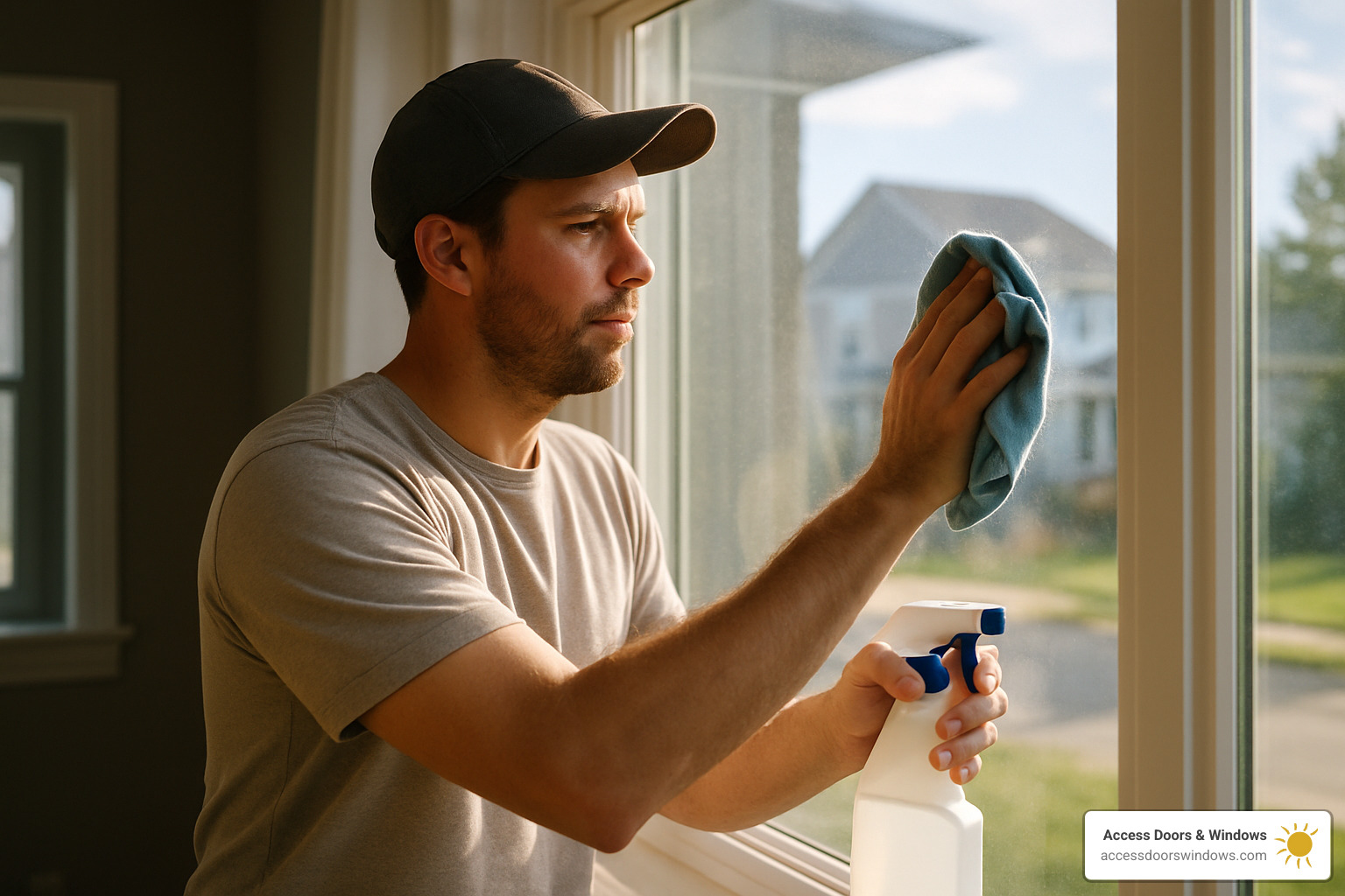 Homeowner cleaning impact window with proper technique - impact window installation