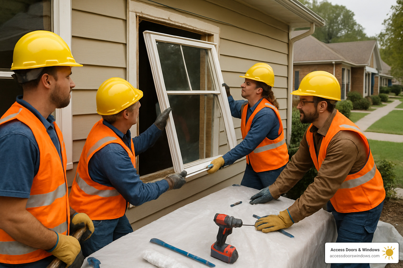 Professional crew removing old window from home - impact window installation