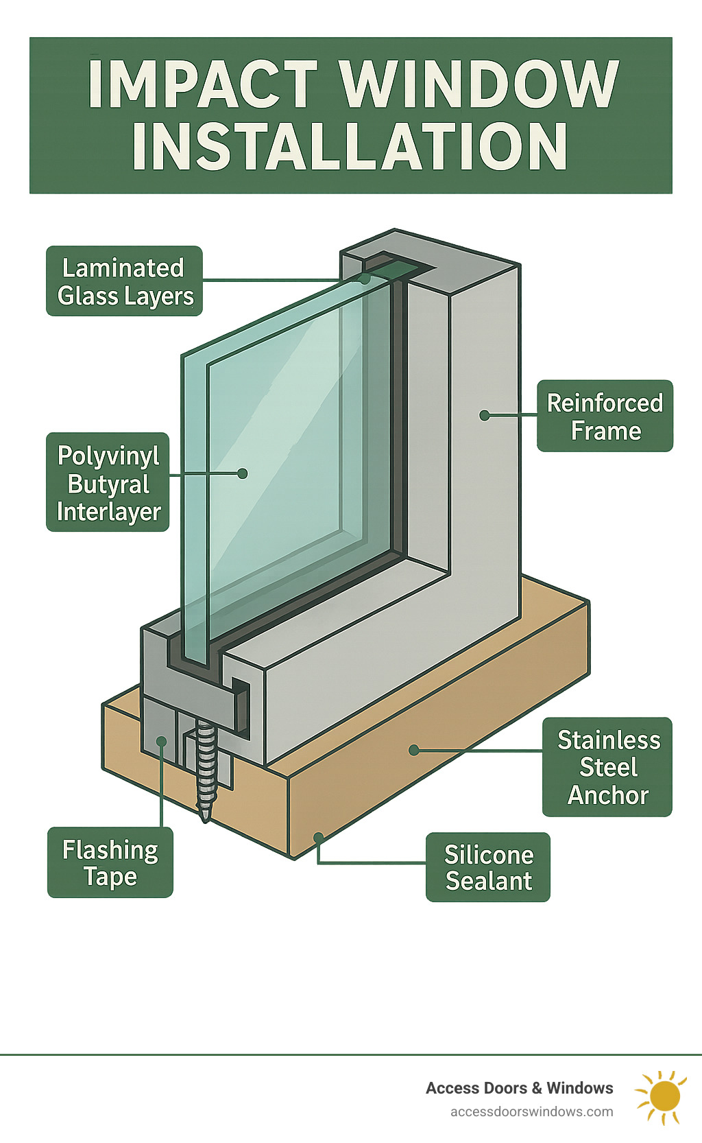 Infographic showing cross-section of impact window with laminated glass layers, polyvinyl butyral interlayer, reinforced frame, and installation components including flashing tape, stainless steel anchors, and silicone sealant - impact window installation infographic 