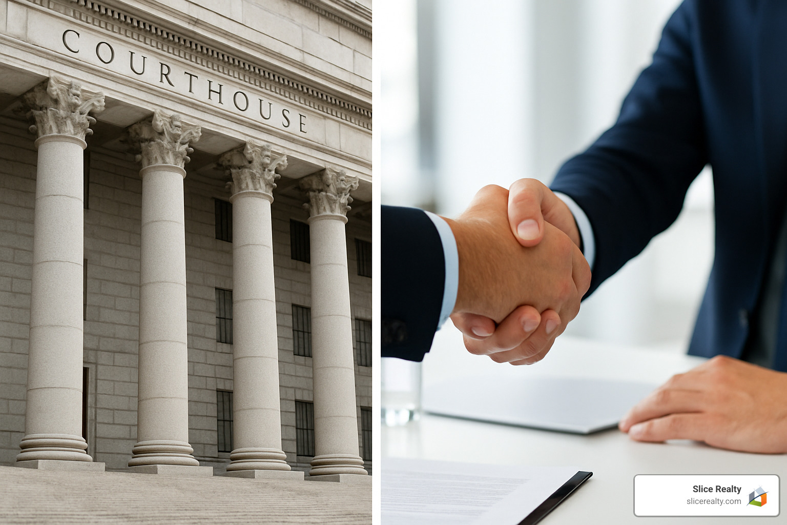 Split image showing courthouse steps versus business handshake representing litigation versus mediation - Colorado real estate lawyer