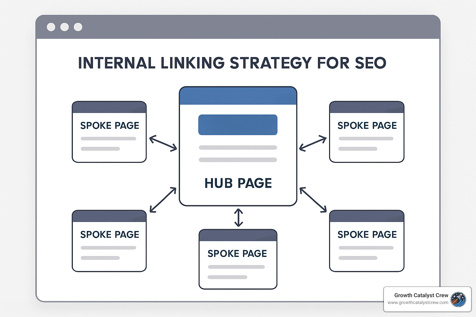 Internal linking strategy diagram showing hub pages connecting to related content - seo optimization tips