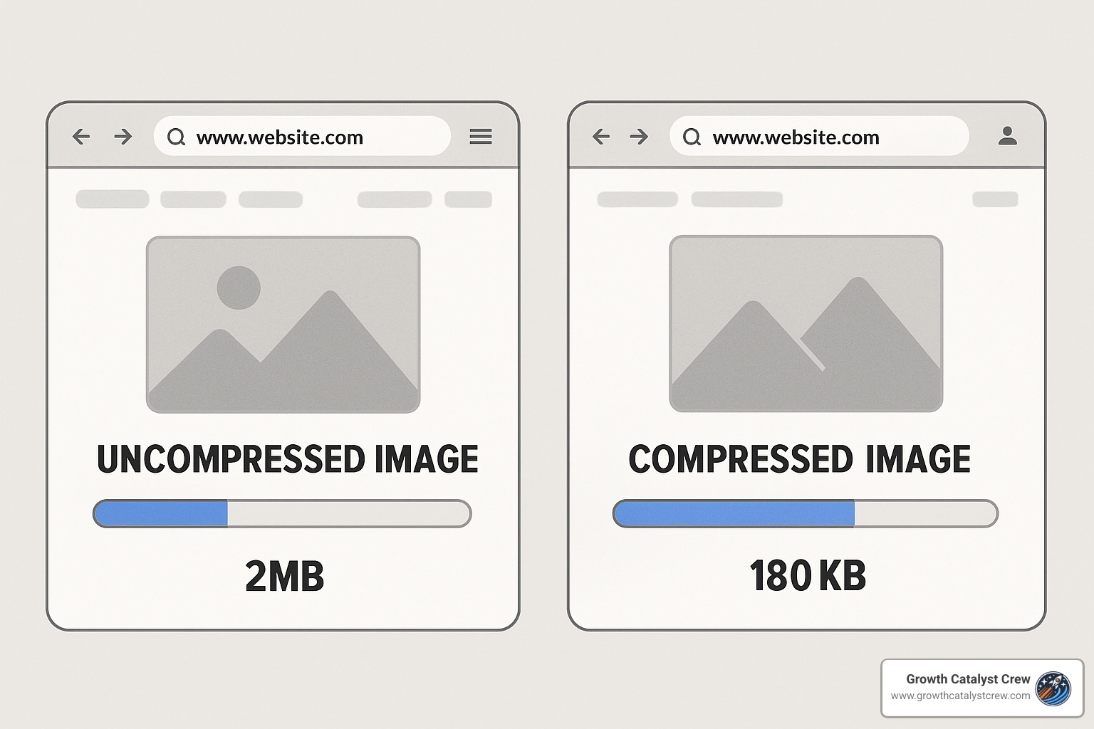 Comparison showing compressed vs uncompressed image file sizes and loading speeds - seo optimization tips