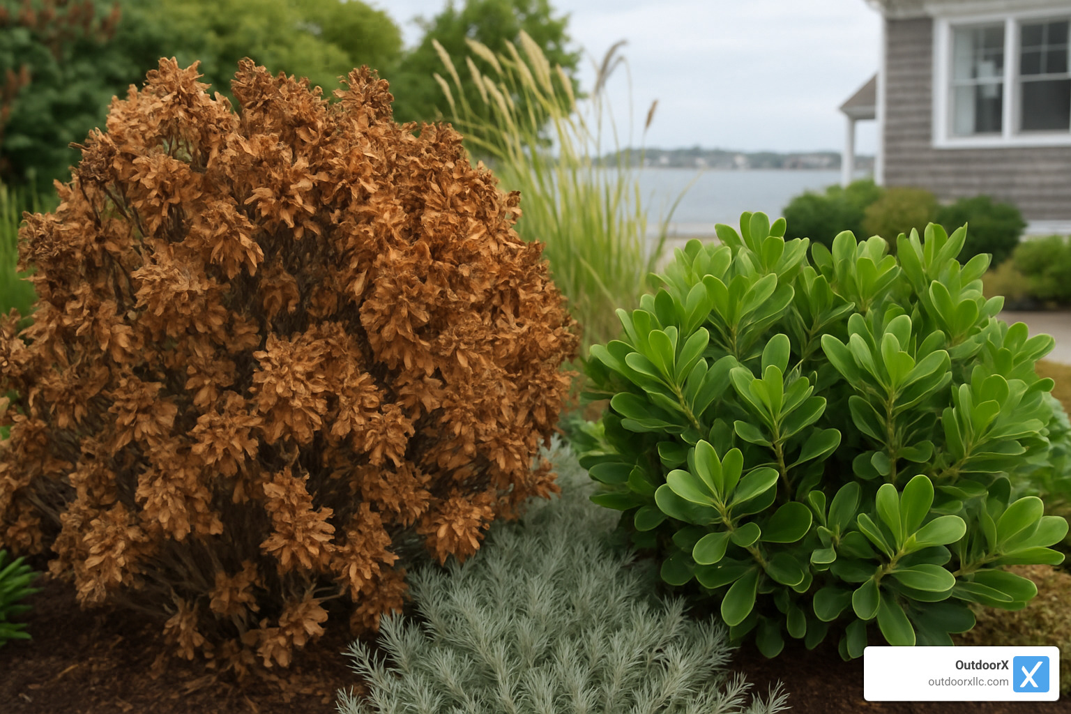 Salt-spray damage on coastal Newburyport landscaping showing brown, damaged foliage and proper plant selection for salt tolerance - landscape maintenance newburyport ma