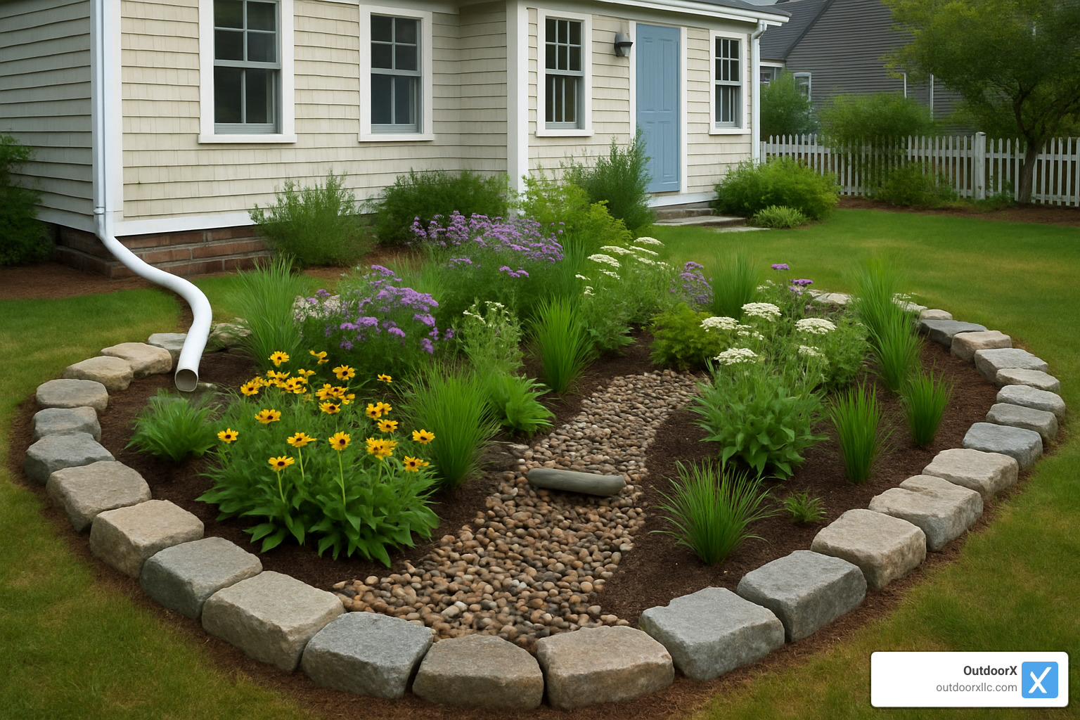 Rain garden installation in Newburyport showing native plantings, natural stone borders, and proper drainage for coastal stormwater management - landscape maintenance newburyport ma