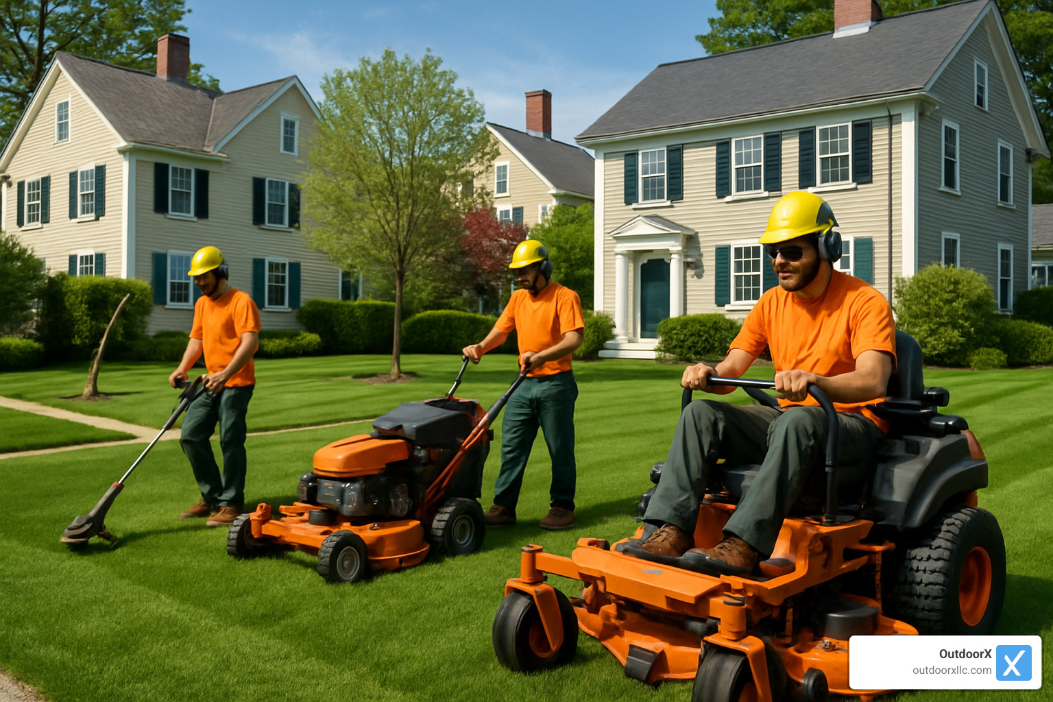 Professional landscape maintenance crew working on Newburyport property with commercial-grade equipment and safety gear - landscape maintenance newburyport ma