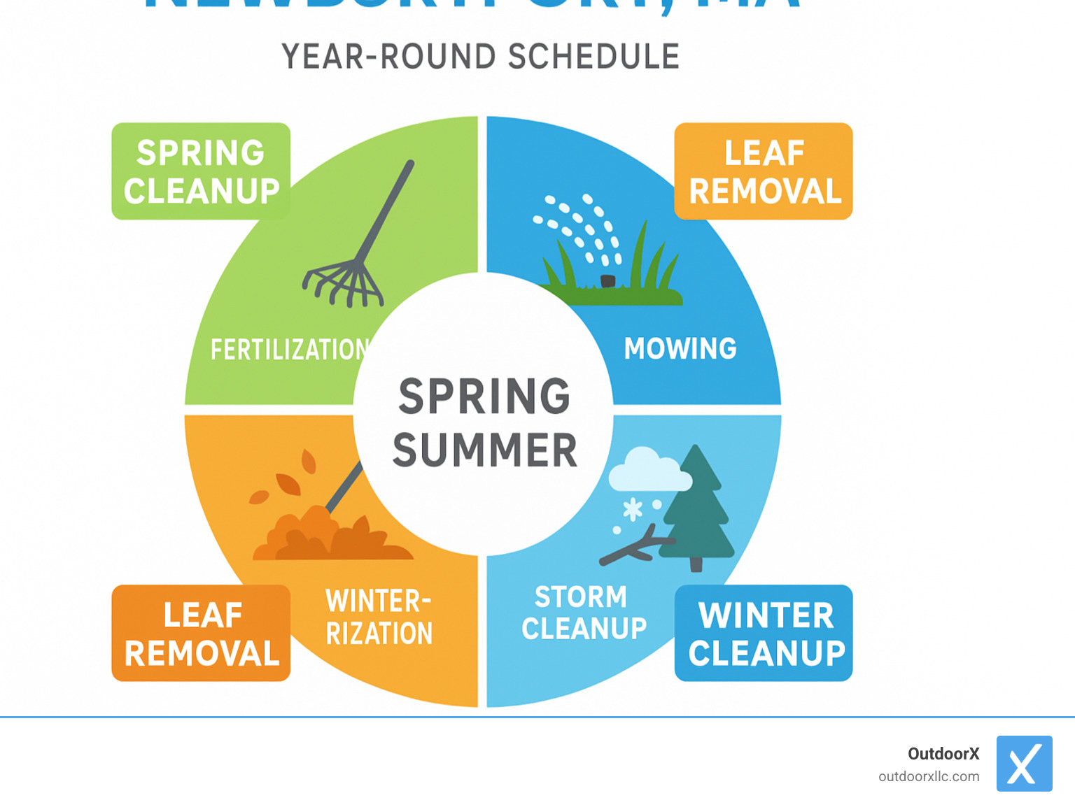 Comprehensive infographic showing Newburyport's year-round landscape maintenance timeline with seasonal tasks including spring cleanup and fertilization, summer irrigation and mowing, fall leaf removal and winterization, and winter storm cleanup and pruning schedules - landscape maintenance newburyport ma infographic