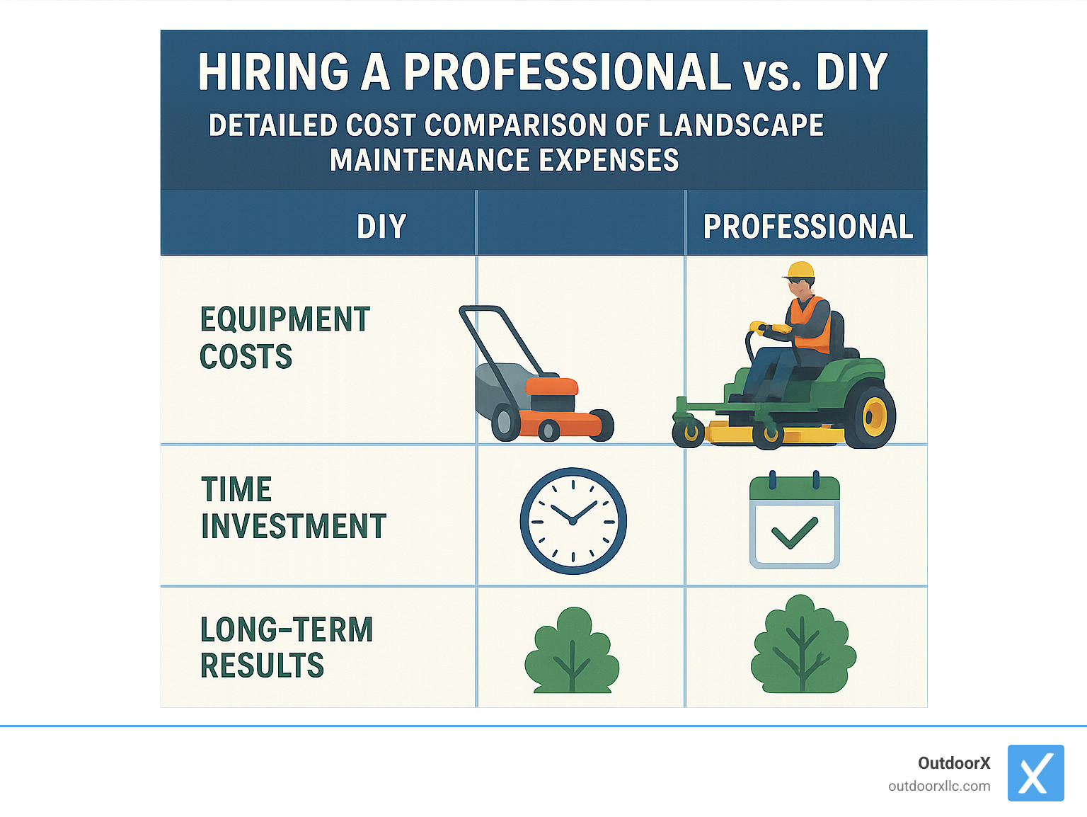 Detailed cost comparison infographic showing DIY versus professional landscape maintenance expenses including equipment costs, time investment, and long-term results - landscape maintenance newburyport ma infographic