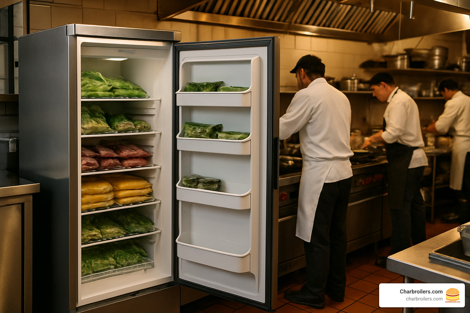 Commercial kitchen installation showing the upright freezer operating in a busy restaurant environment with high ambient temperatures - frigidaire commercial frost free upright freezer