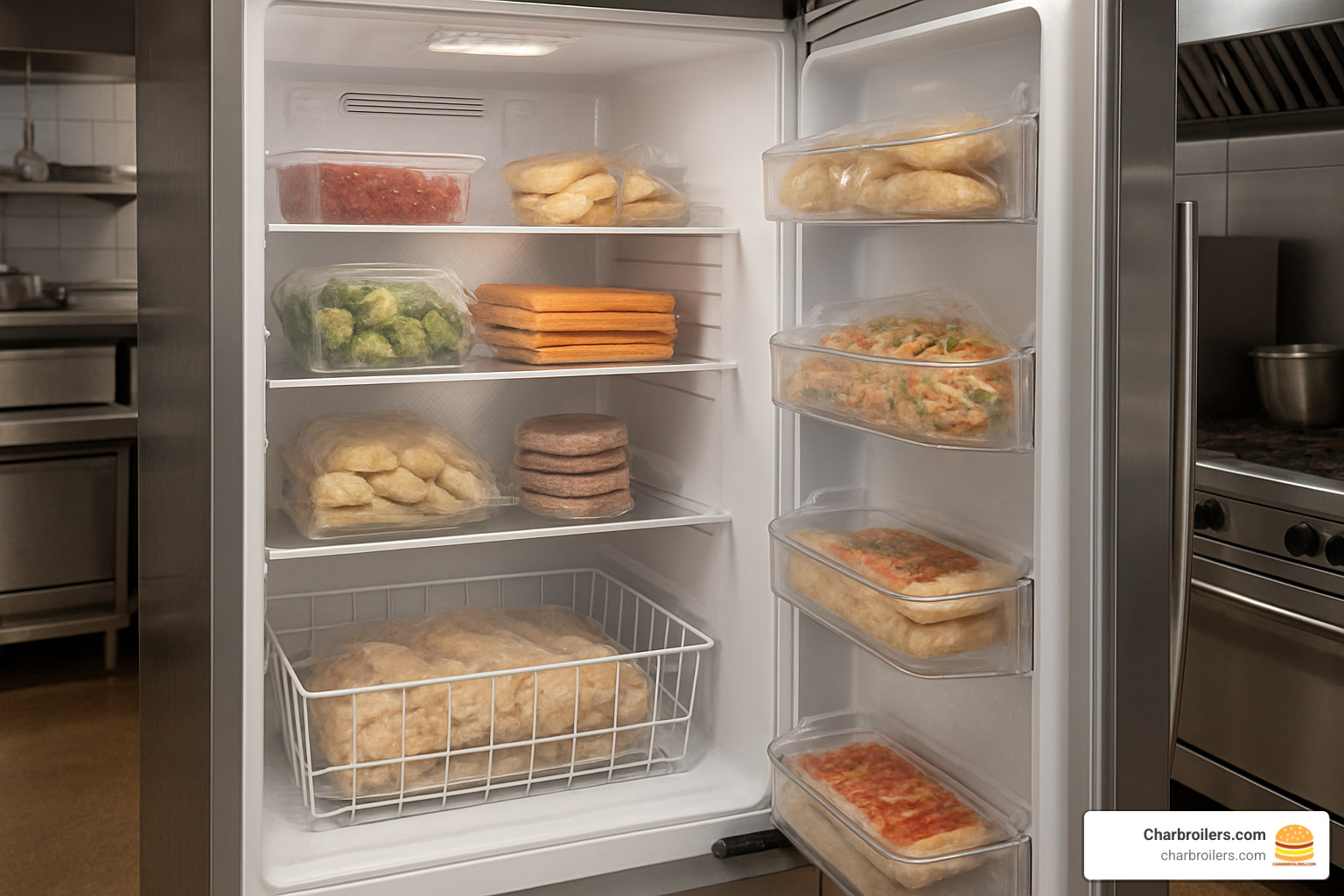 Interior organization system showing adjustable glass shelves, door bins, and bulk storage basket with LED lighting - frigidaire commercial frost free upright freezer