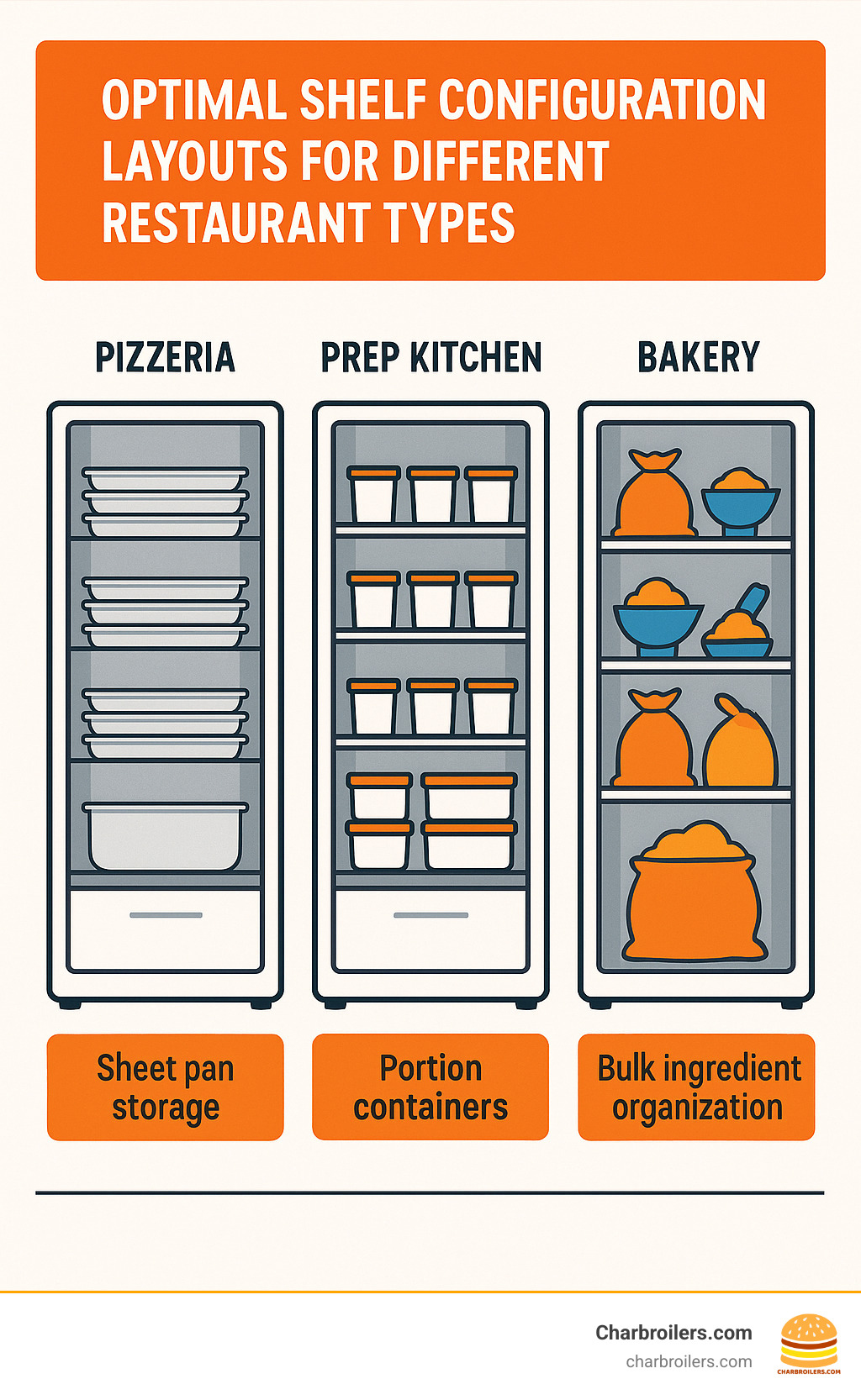 Infographic showing optimal shelf configuration layouts for different restaurant types - pizzeria with sheet pan storage, prep kitchen with portion containers, and bakery with bulk ingredient organization - frigidaire commercial frost free upright freezer infographic 