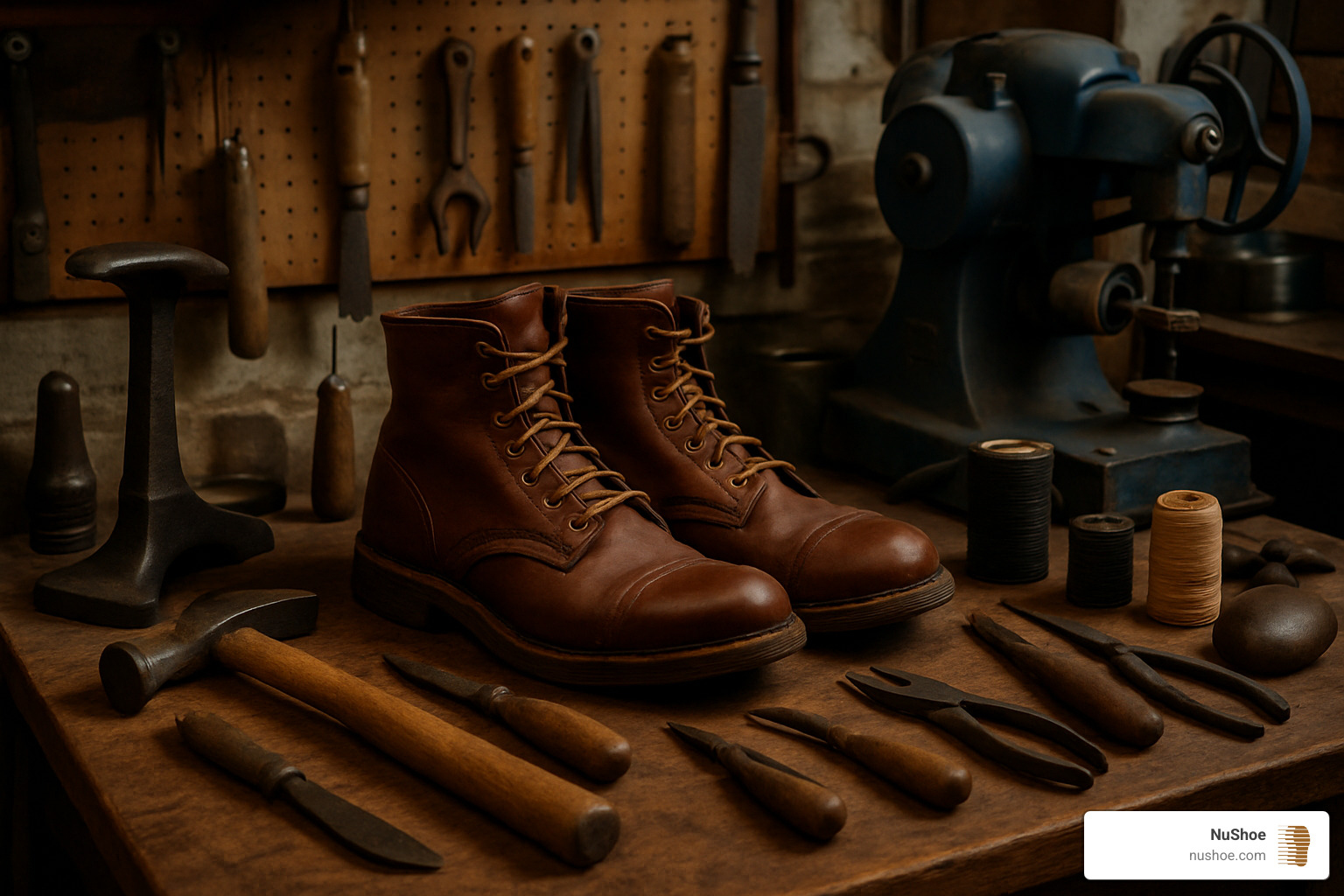 cobbler workbench with tools and boots - places that fix boots near me