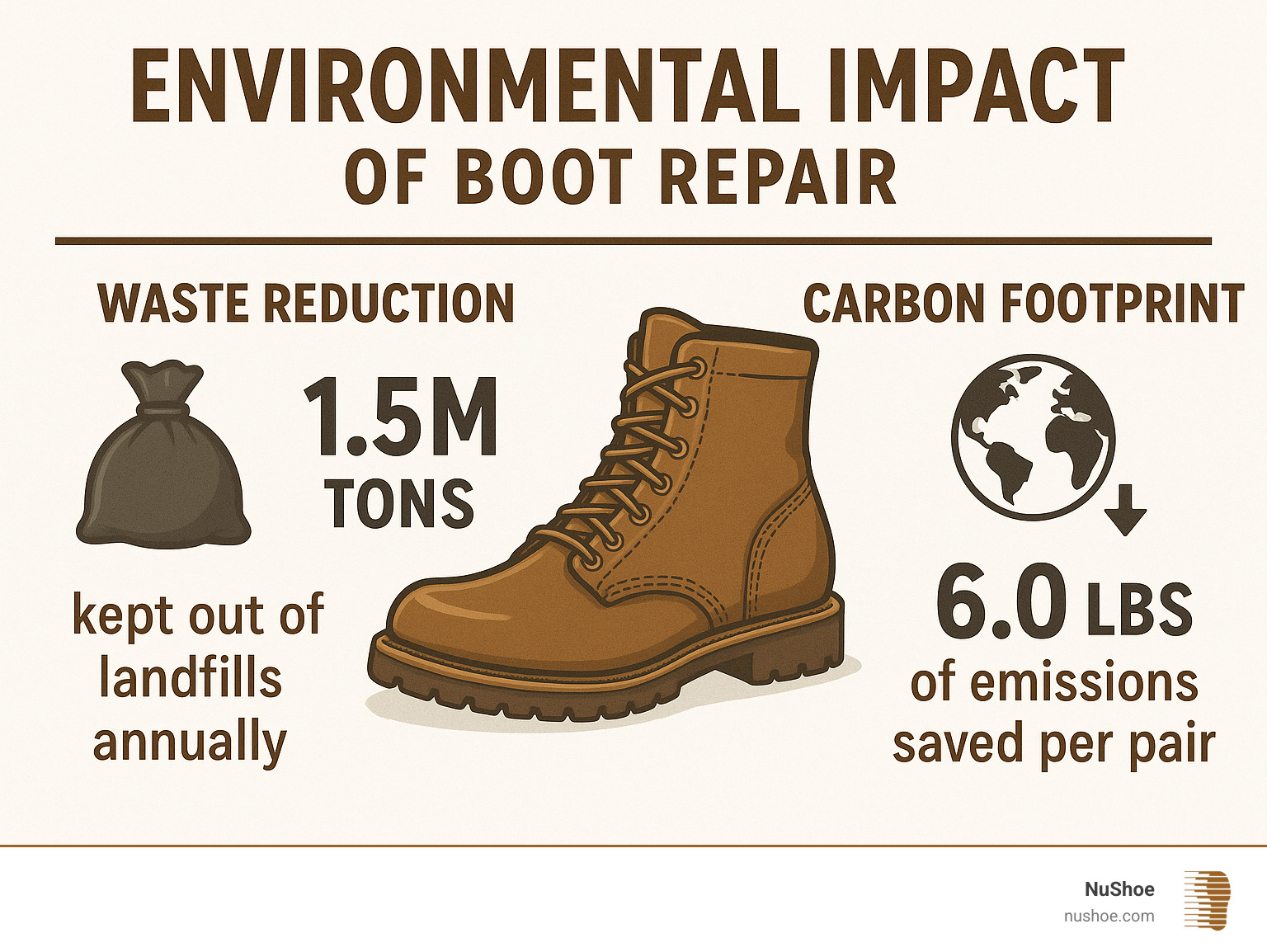 Environmental impact statistics showing waste reduction and carbon footprint savings from boot repair versus replacement - places that fix boots near me infographic 