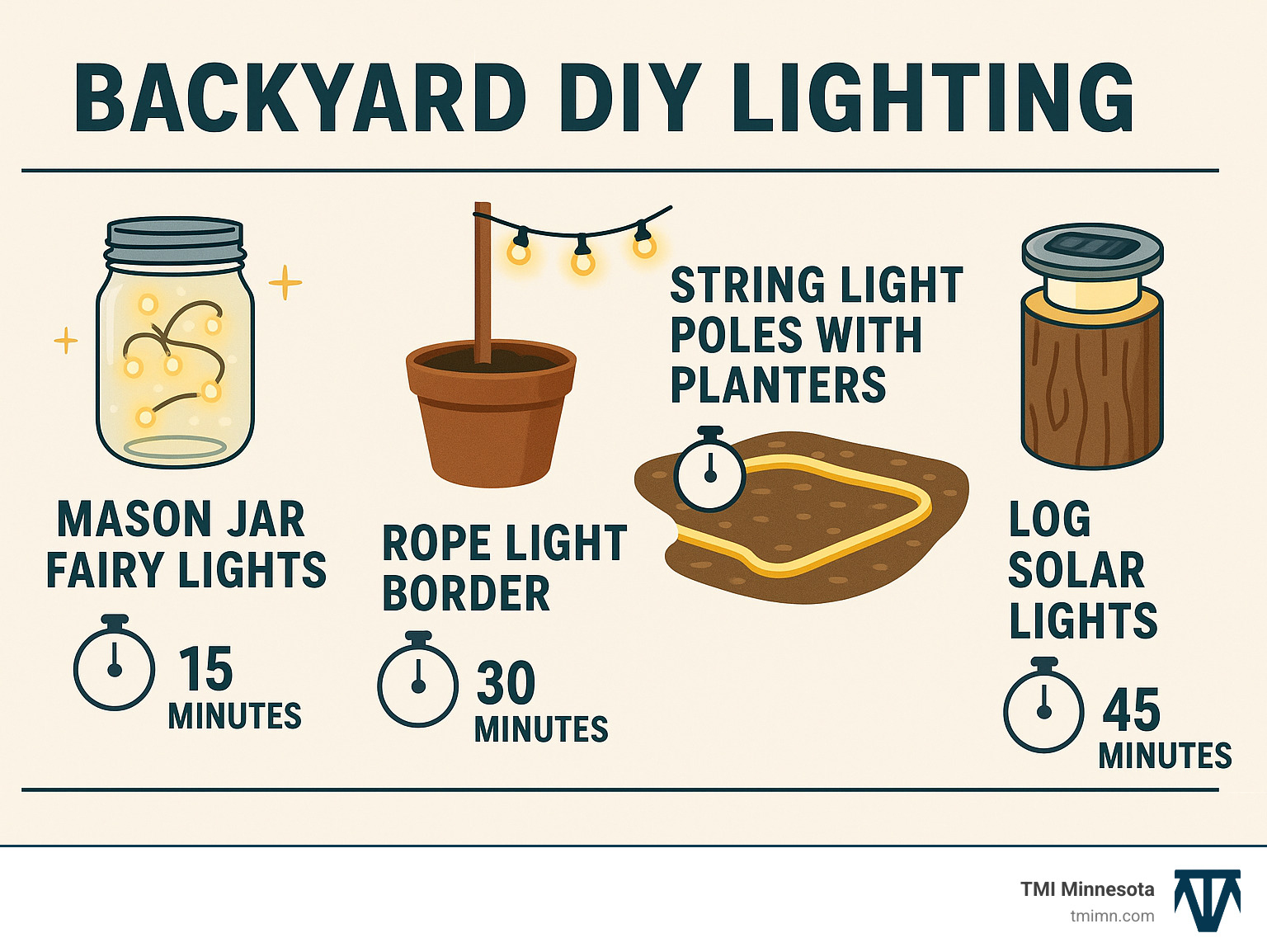 Infographic showing 4 quick DIY lighting installations: mason jar fairy lights taking 15 minutes, string light poles with planters taking 1 hour, rope light borders taking 30 minutes, and log solar lights taking 45 minutes - Backyard lighting solutions infographic 