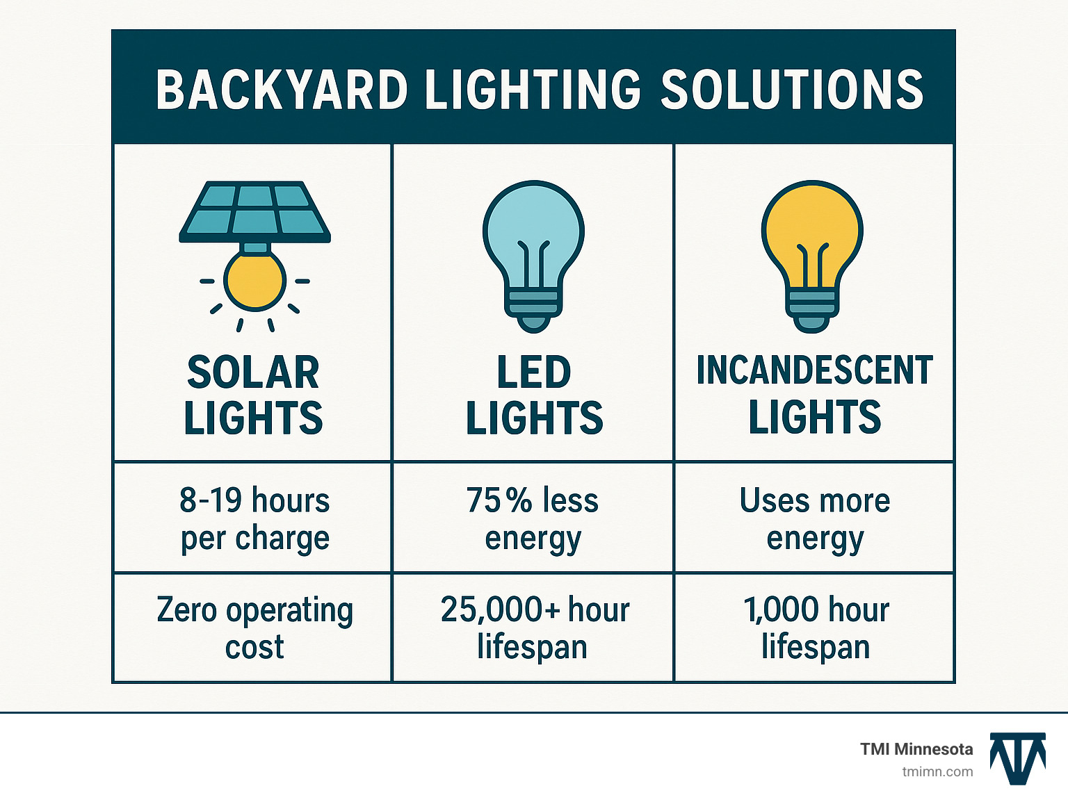 Comparison table showing solar lights lasting 8-19 hours per charge with zero operating cost, LED lights using 75% less energy than incandescent with 25,000+ hour lifespan, and incandescent bulbs providing warm light but using more energy with shorter 1,000 hour lifespan - Backyard lighting solutions infographic 