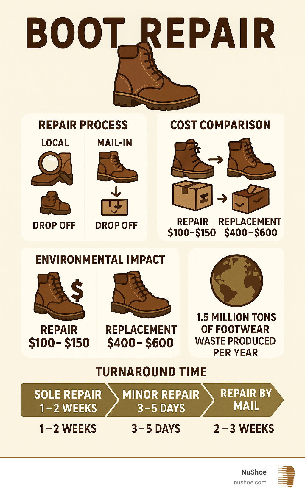 Detailed infographic showing boot repair process flow: local shop assessment and drop-off versus mail-in service steps, cost comparison between $100-150 repair versus $400-600 replacement, environmental impact statistics, and turnaround timeframes for different repair types - places that fix boots near me infographic 