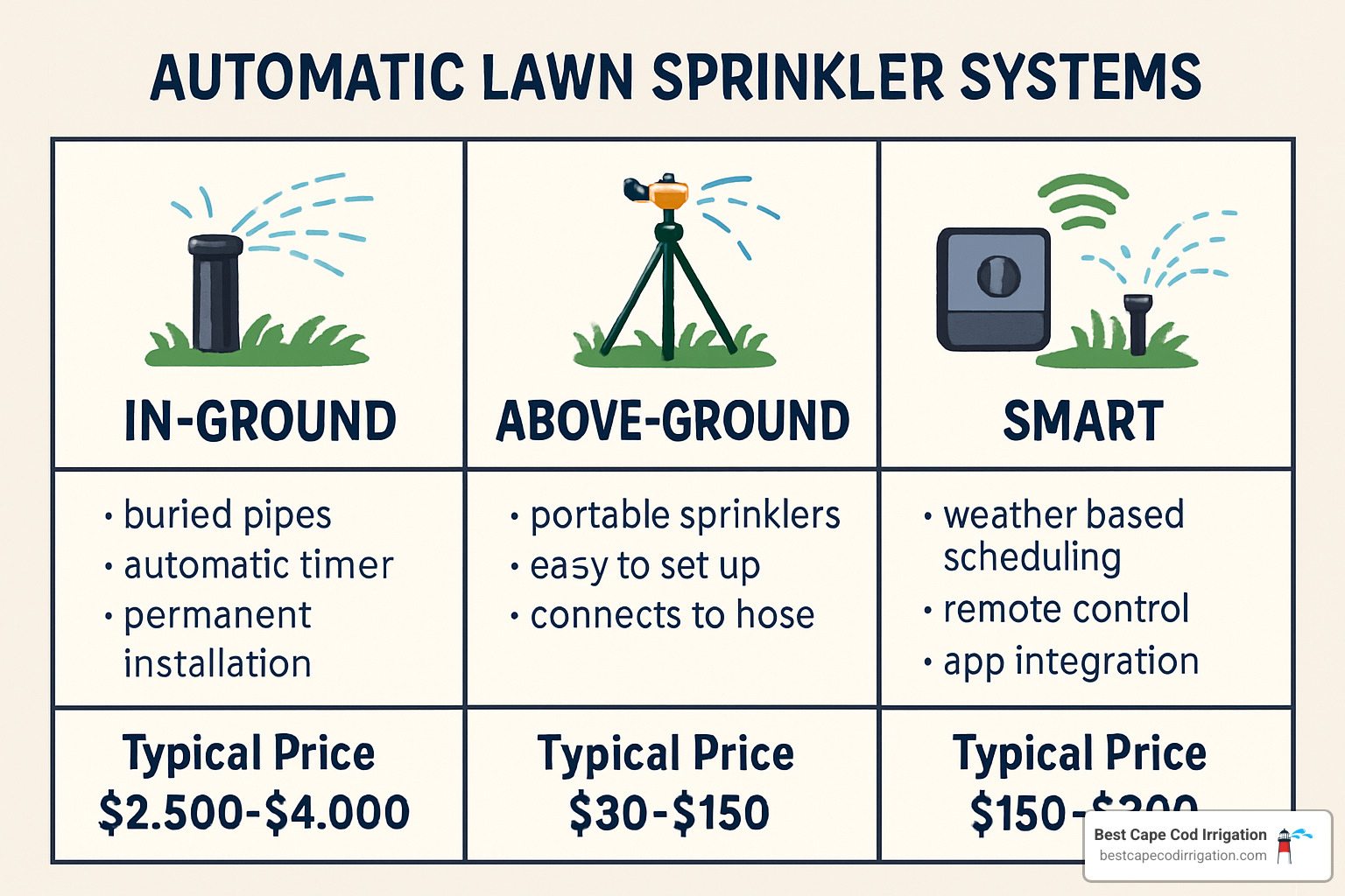 comparison chart of different automatic sprinkler types - automatic lawn sprinkler