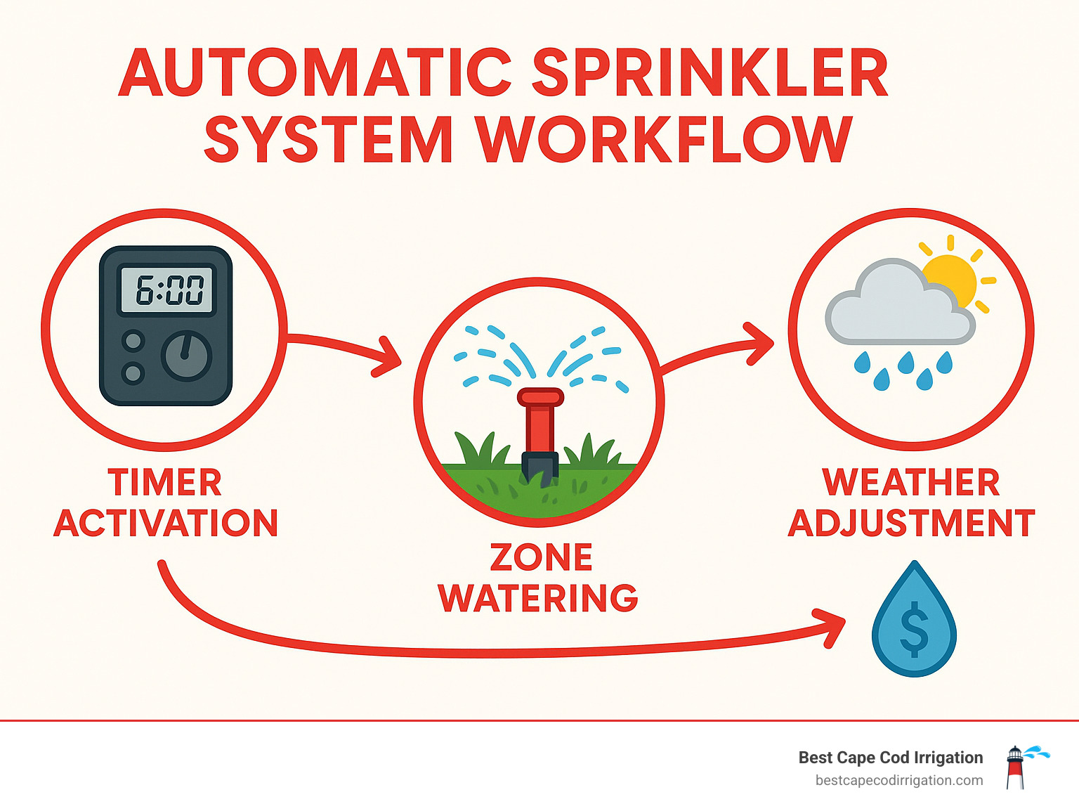 Infographic showing automatic sprinkler system workflow from timer activation through zone watering to weather adjustment and water savings calculations - automatic lawn sprinkler infographic 