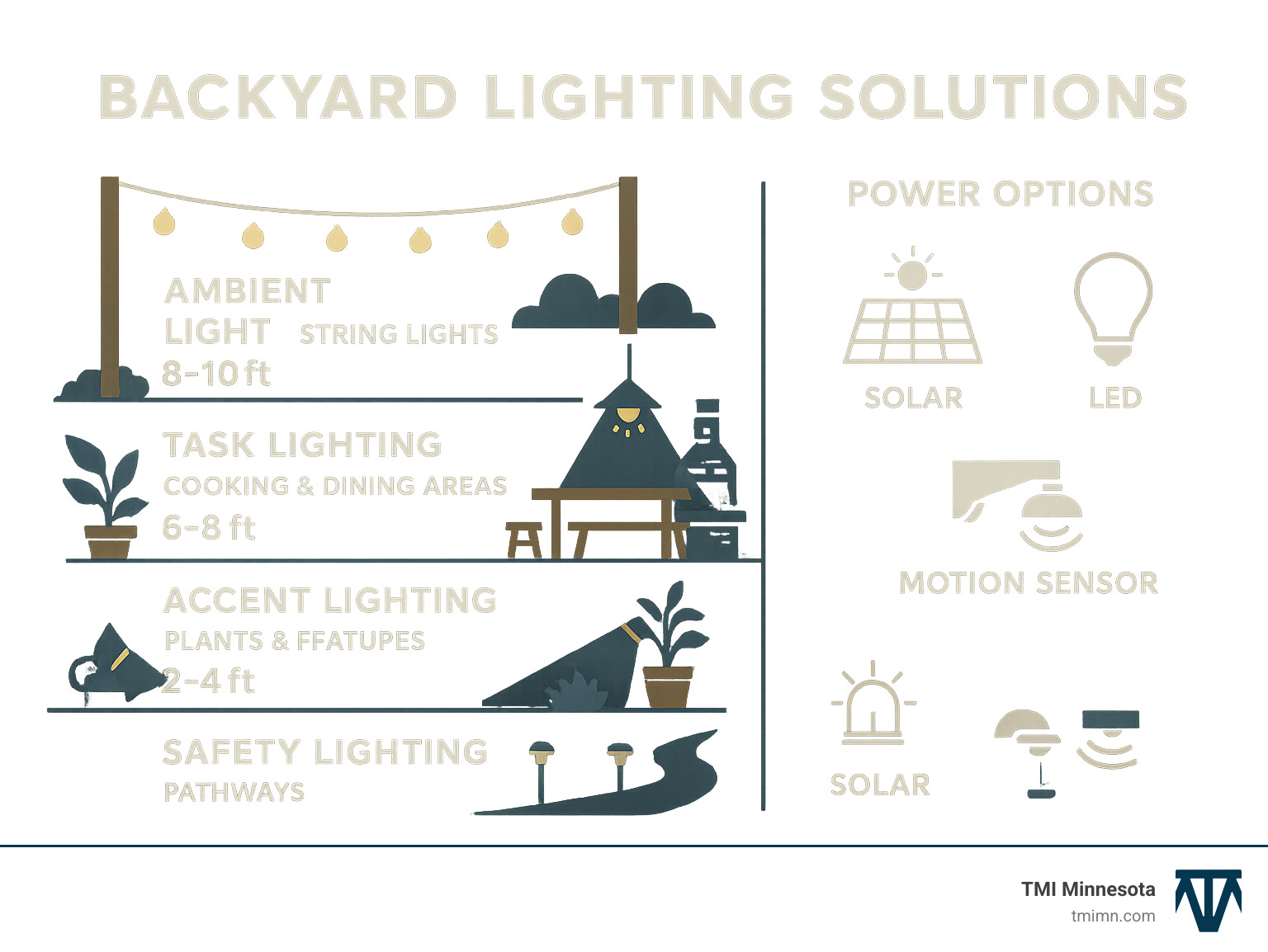 Infographic showing layered backyard lighting approach with ambient string lights at 8-10 feet height, task lighting for cooking and dining areas at 6-8 feet, accent lighting for plants and features at 2-4 feet, and safety pathway lighting at ground level, plus comparison of solar vs LED vs motion sensor power options - Backyard lighting solutions infographic 