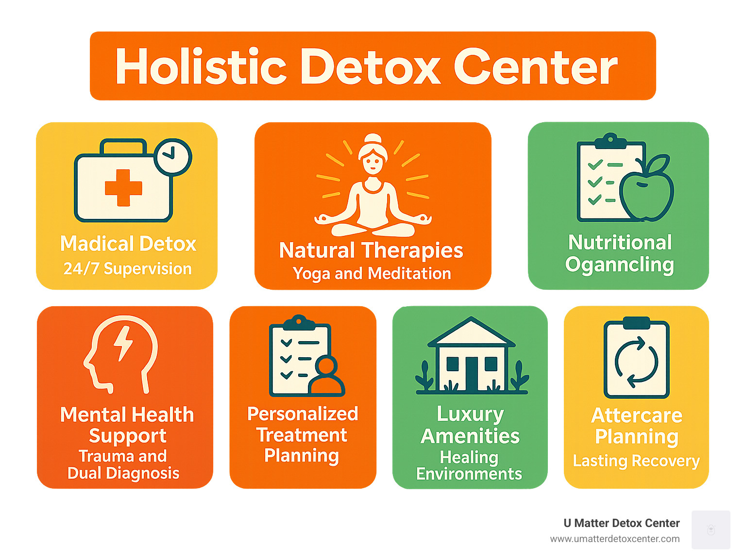 Infographic showing holistic detox center treatment components: medical detox with 24/7 supervision, natural therapies including yoga and meditation, nutritional counseling and organic meals, mental health support for trauma and dual diagnosis, personalized treatment planning, luxury amenities in healing environments, and comprehensive aftercare planning for lasting recovery - holistic detox center infographic 
